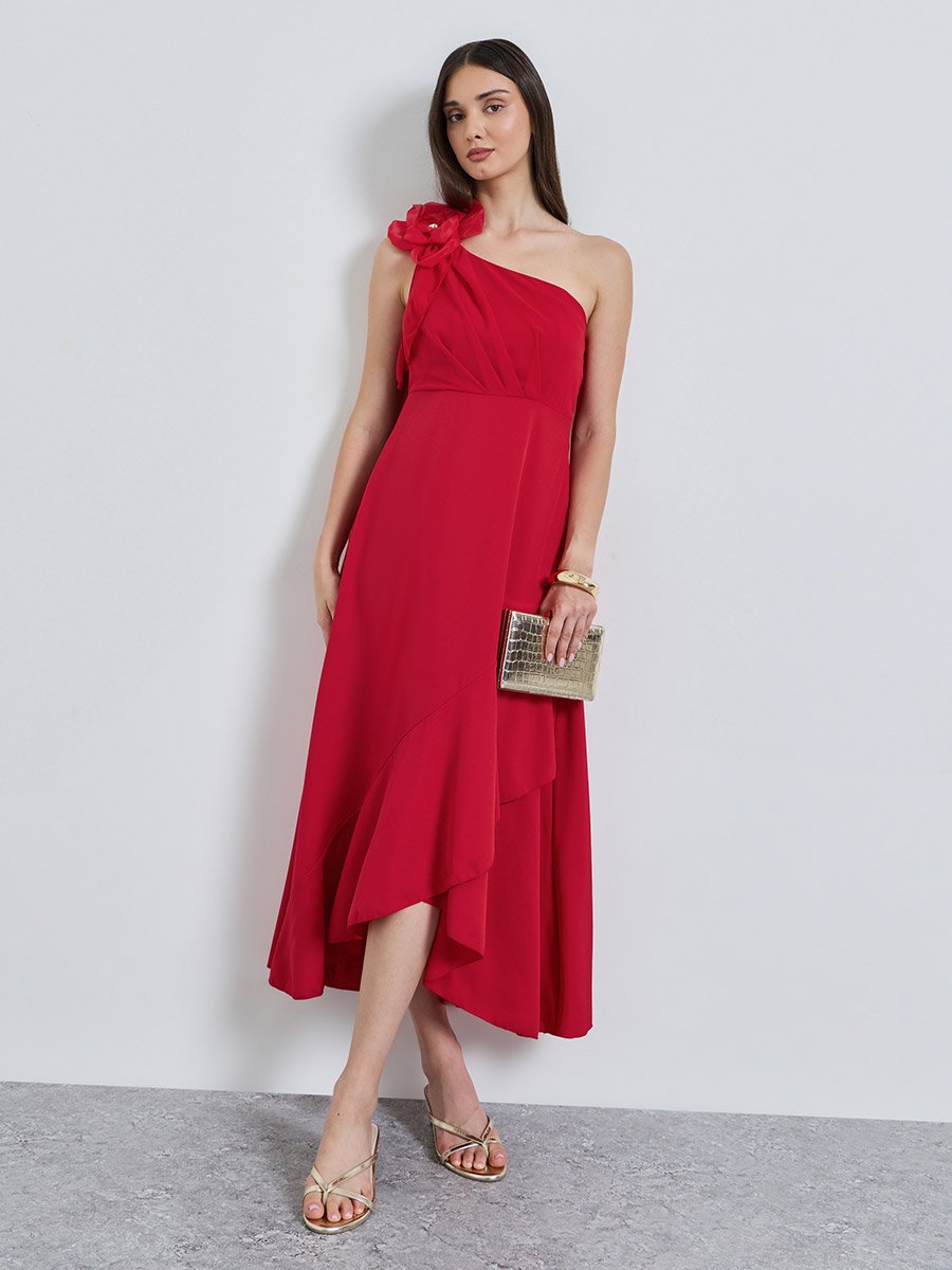 Red Solid One Shoulder Neck A-Line Midi Dress