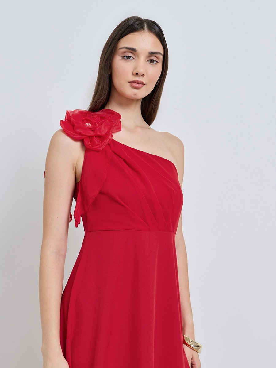 Red Solid One Shoulder Neck A-Line Midi Dress
