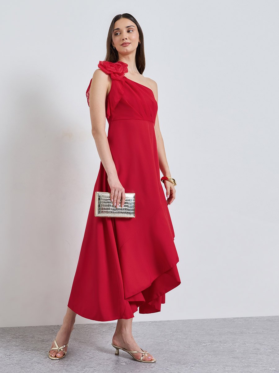 Red Solid One Shoulder Neck A-Line Midi Dress