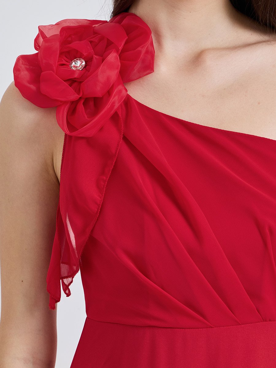 Red Solid One Shoulder Neck A-Line Midi Dress