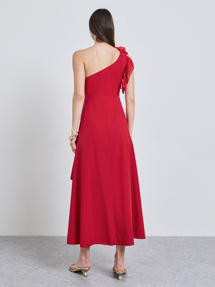 Red Solid One Shoulder Neck A-Line Midi Dress