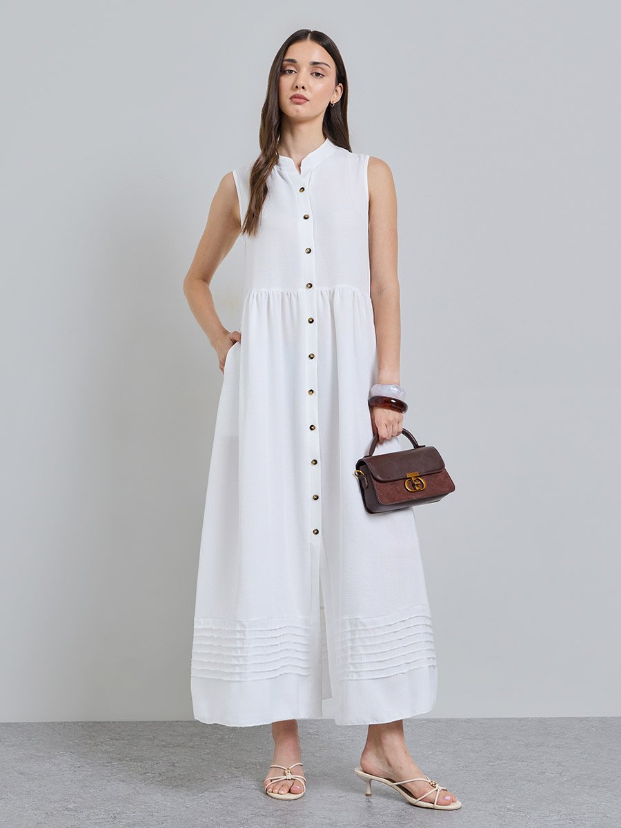White Solid Collared A-Line Ankle length Dress