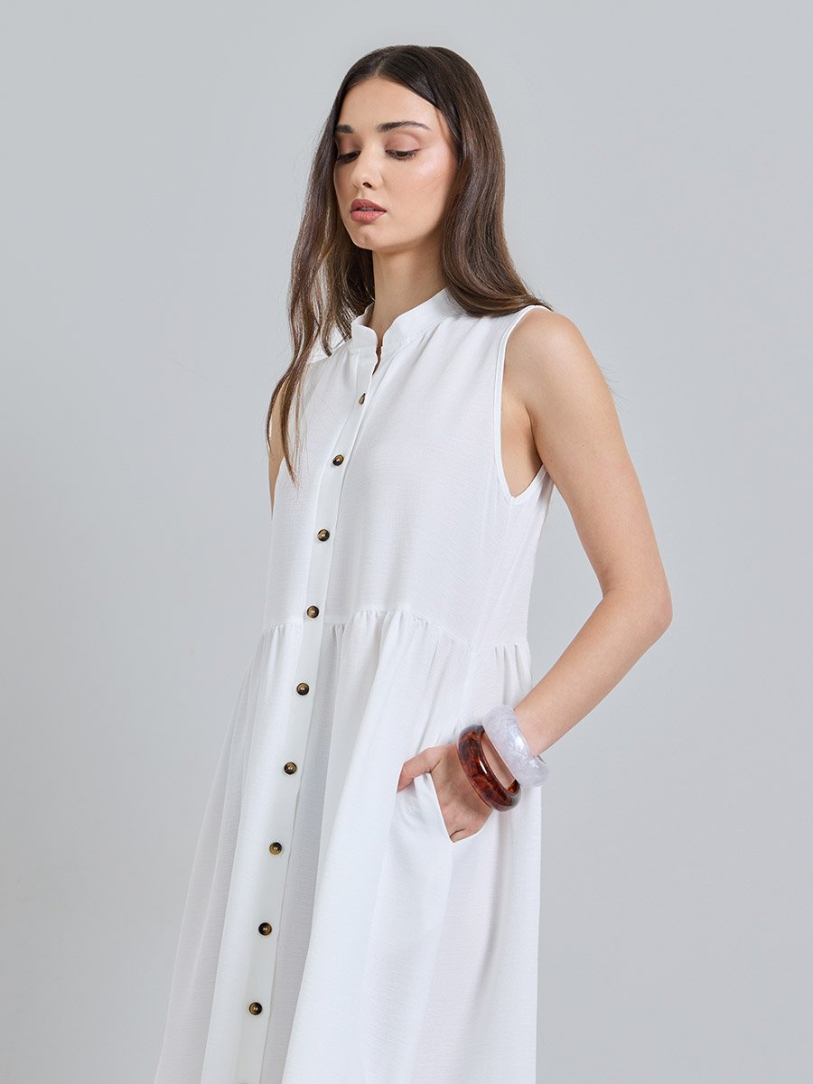 White Solid Collared A-Line Ankle length Dress