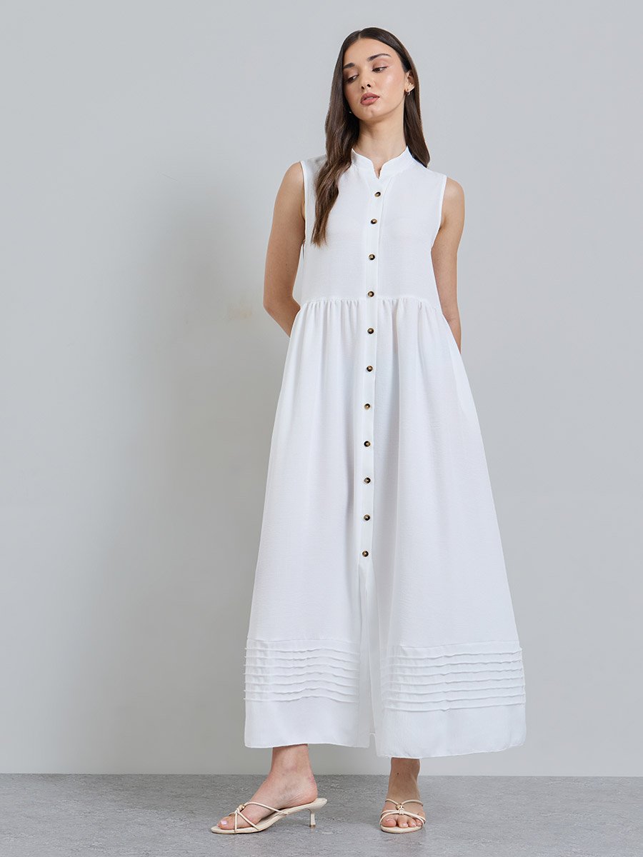 White Solid Collared A-Line Ankle length Dress
