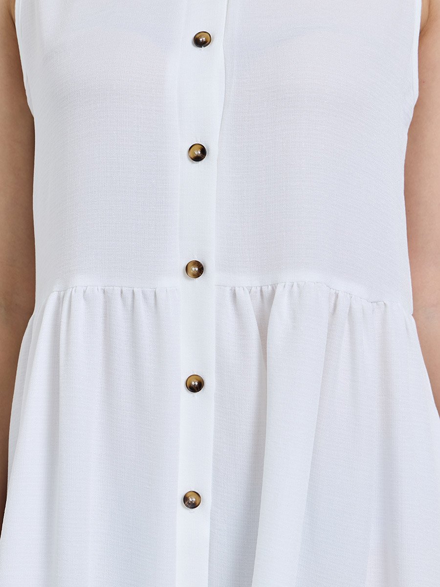 White Solid Collared A-Line Ankle length Dress