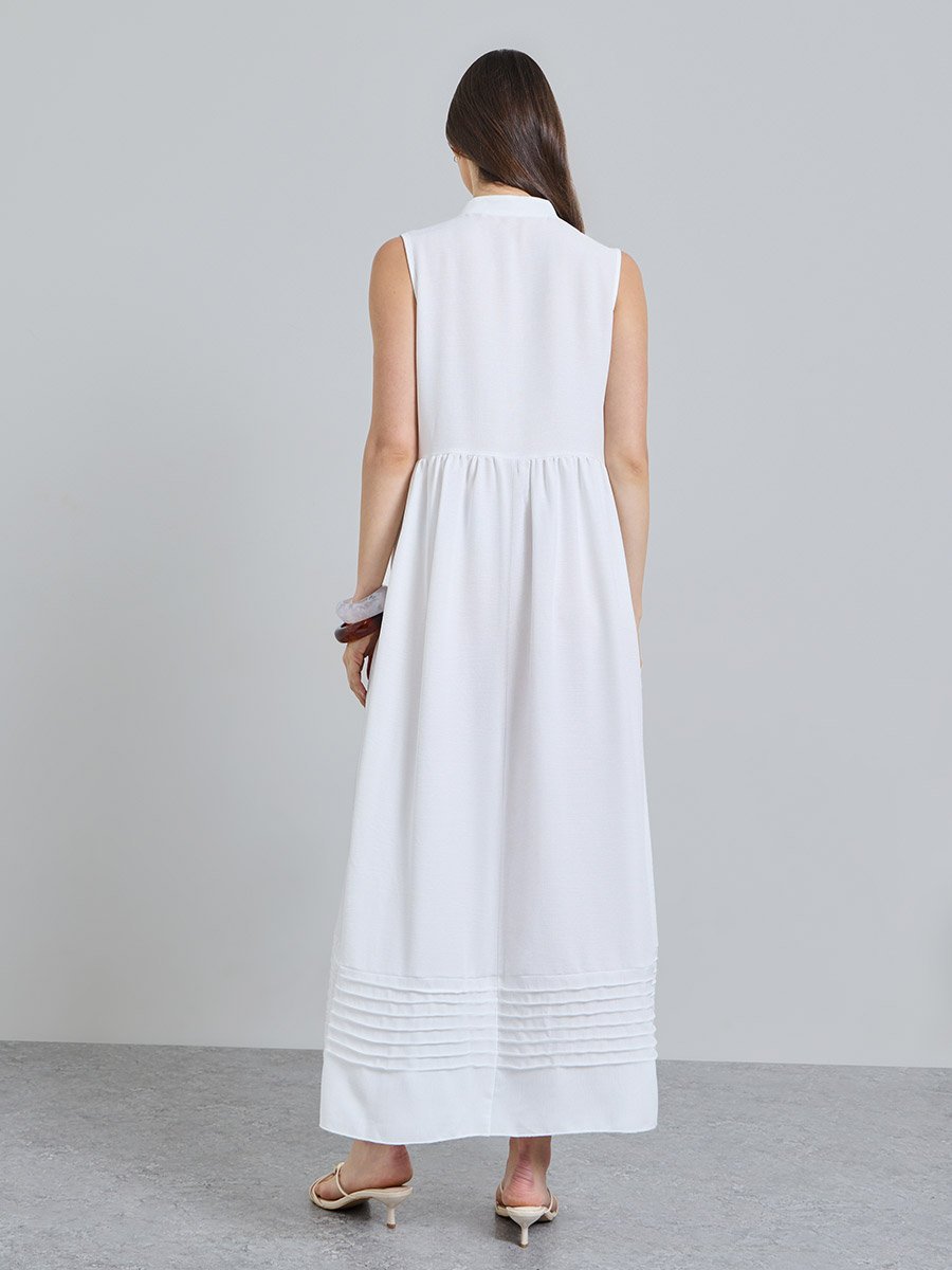 White Solid Collared A-Line Ankle length Dress