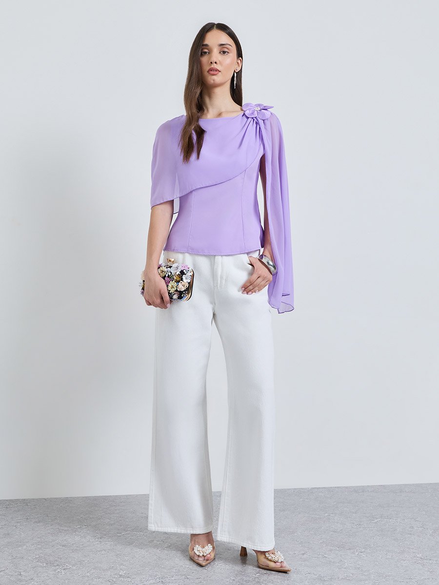 Purple Solid Boat Neck Top