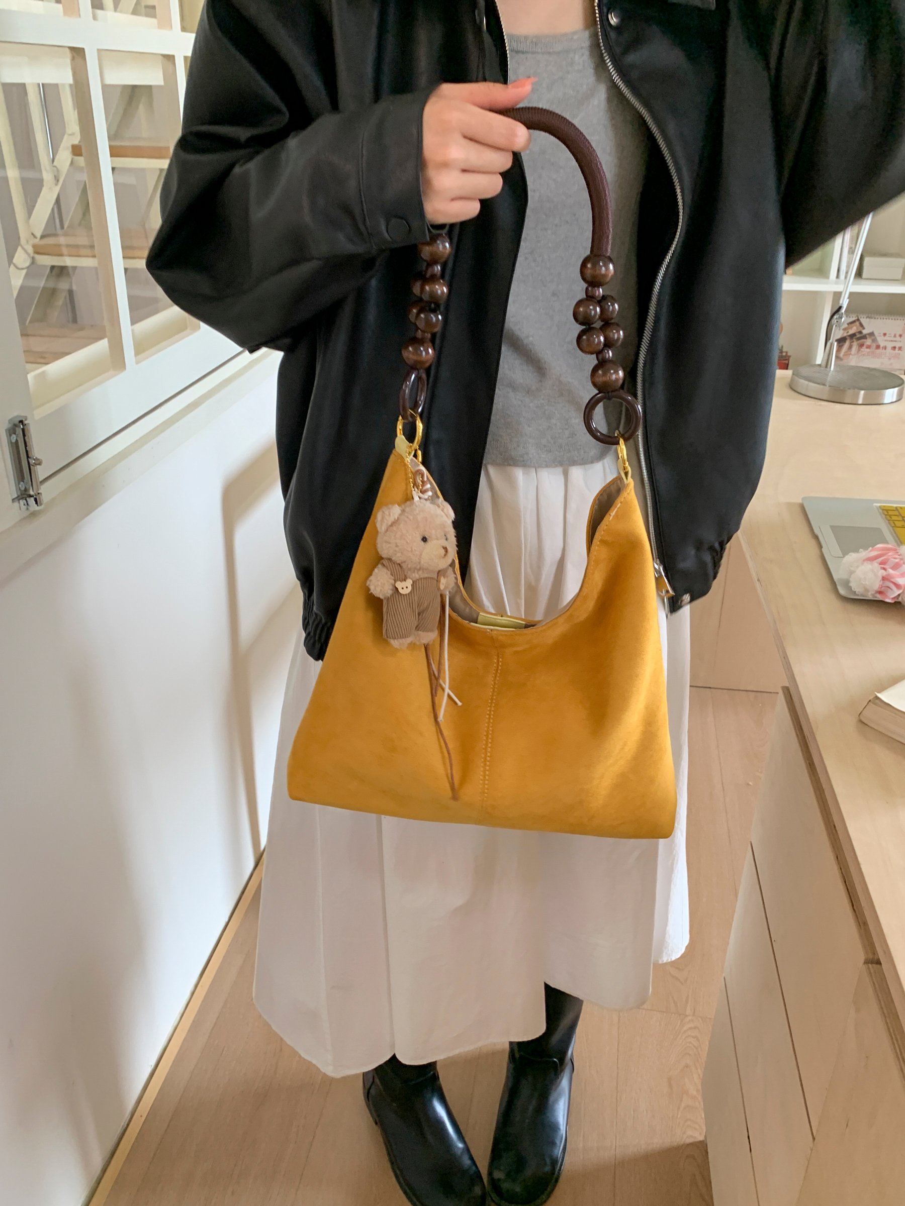 Yellow Suede Hobo Bag with Beaded Handle