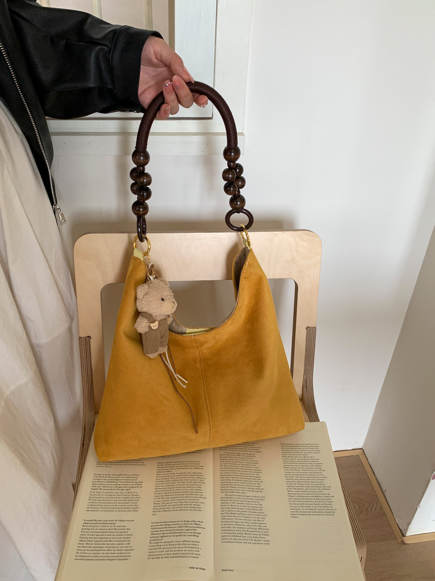 Yellow Suede Hobo Bag with Beaded Handle