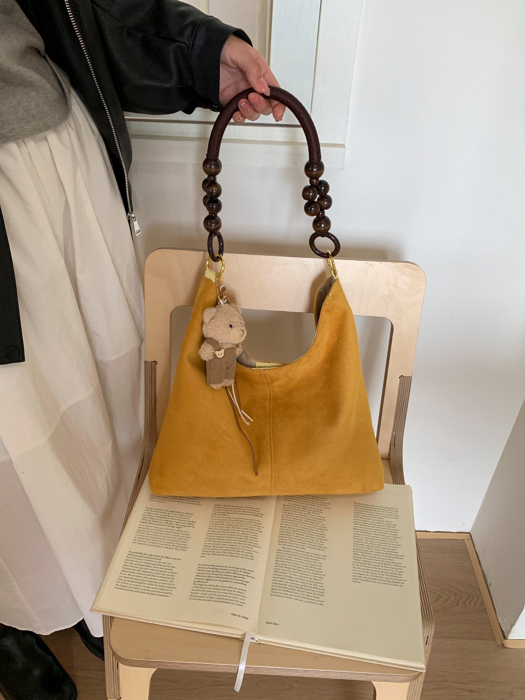 Yellow Suede Hobo Bag with Beaded Handle