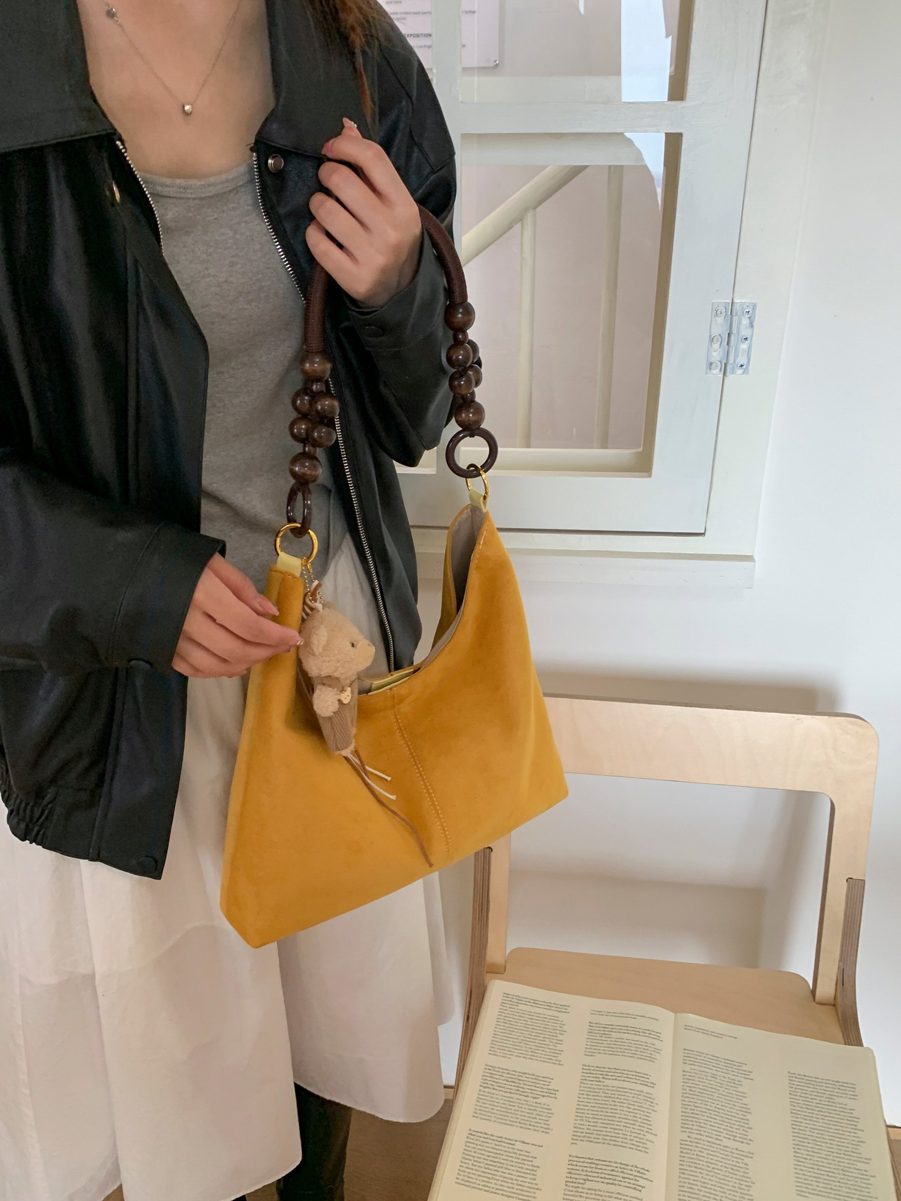 Yellow Suede Hobo Bag with Beaded Handle
