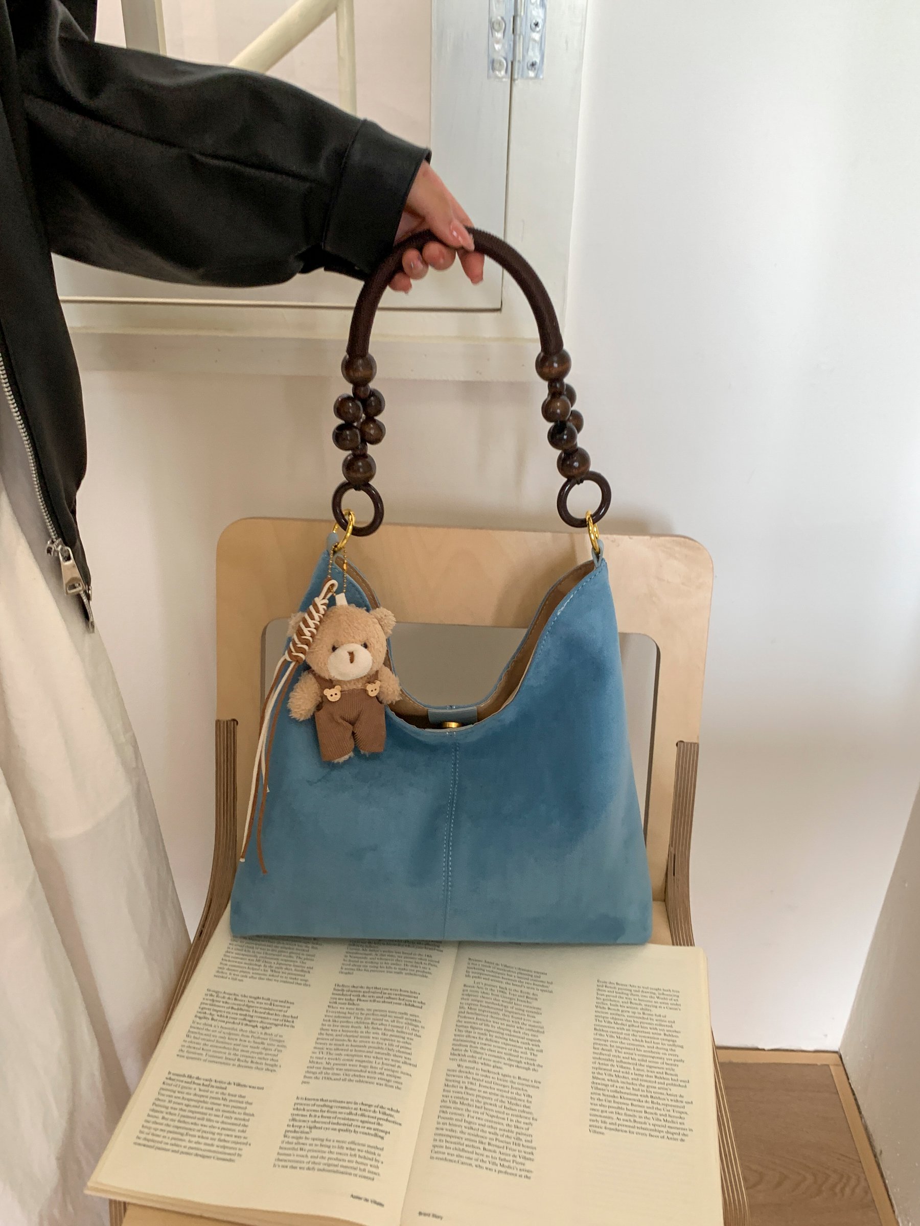 Blue Suede Handbag with Beaded Handle