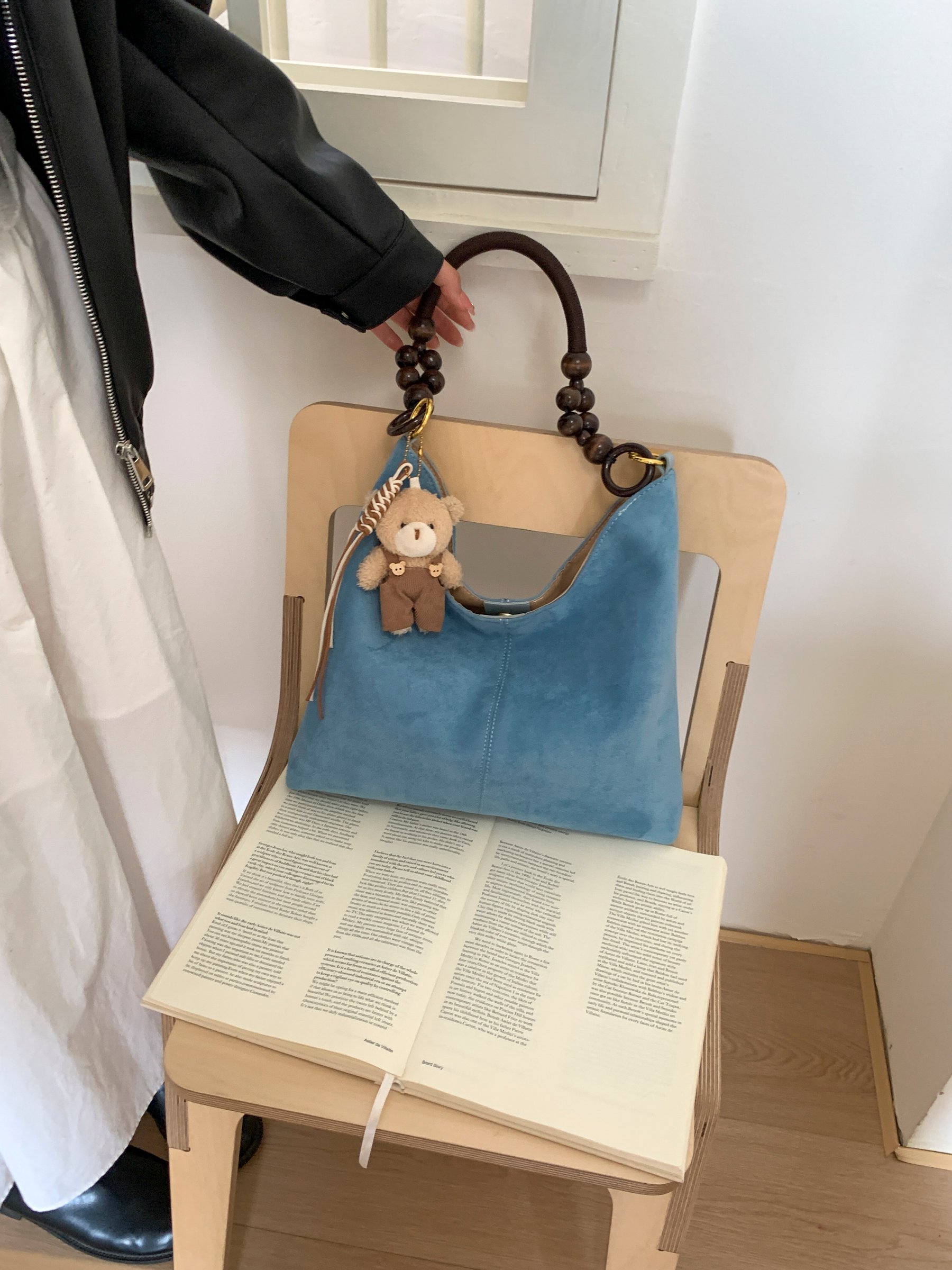 Blue Suede Handbag with Beaded Handle