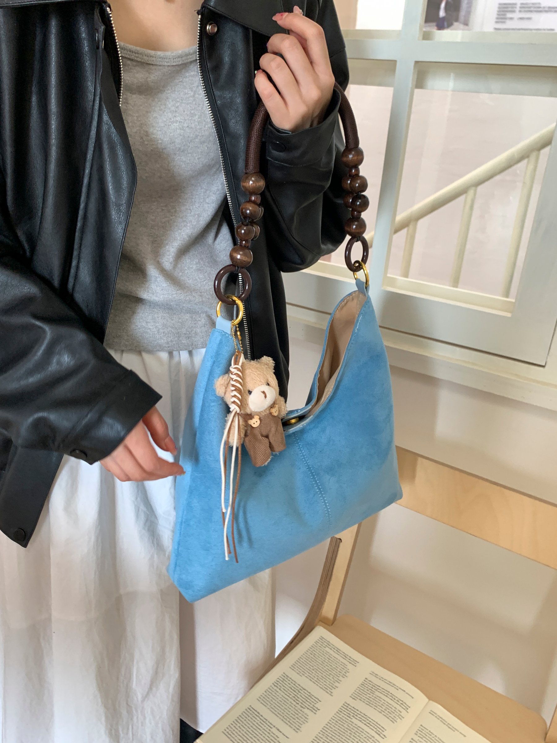 Blue Suede Handbag with Beaded Handle