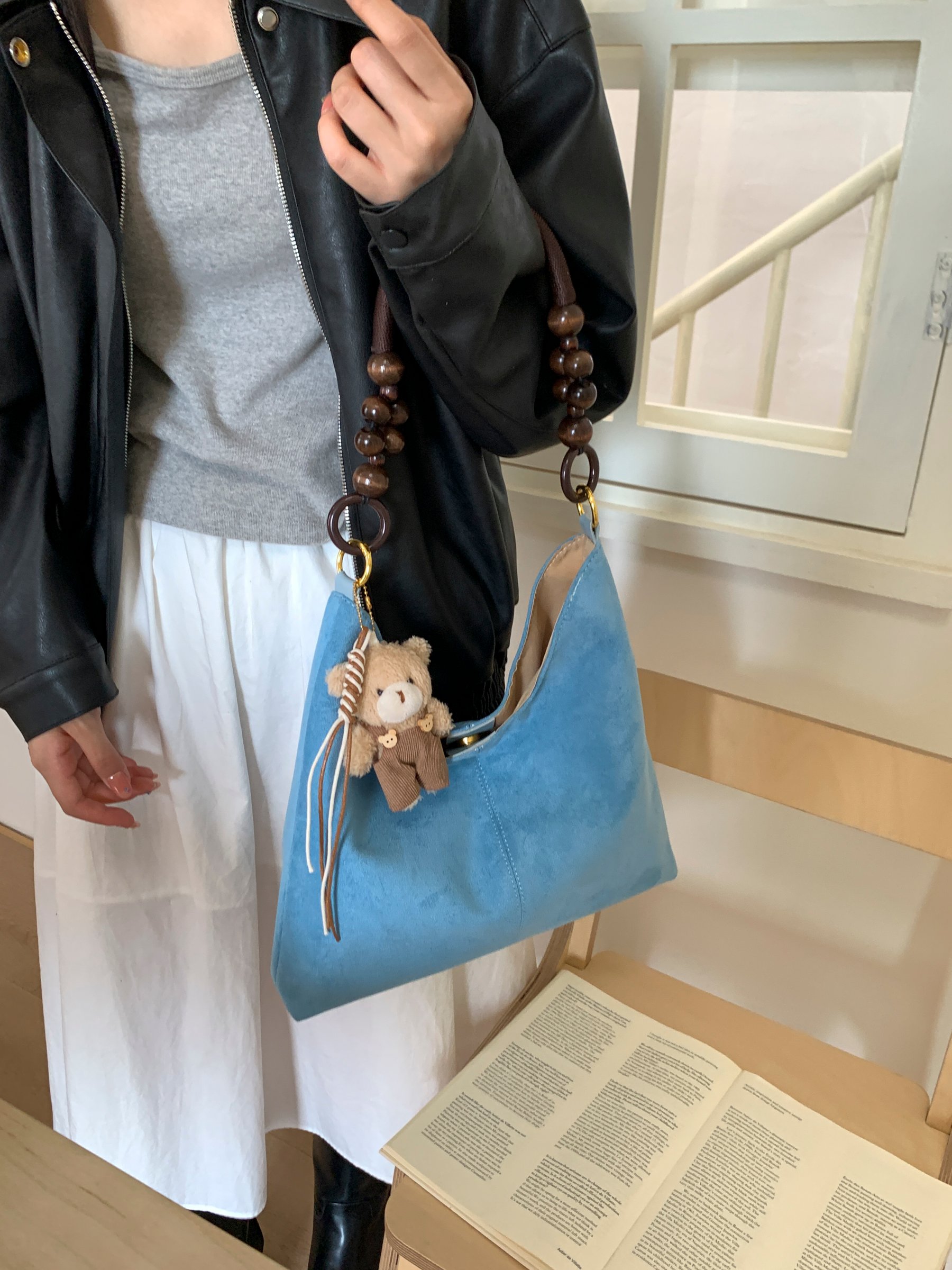 Blue Suede Handbag with Beaded Handle