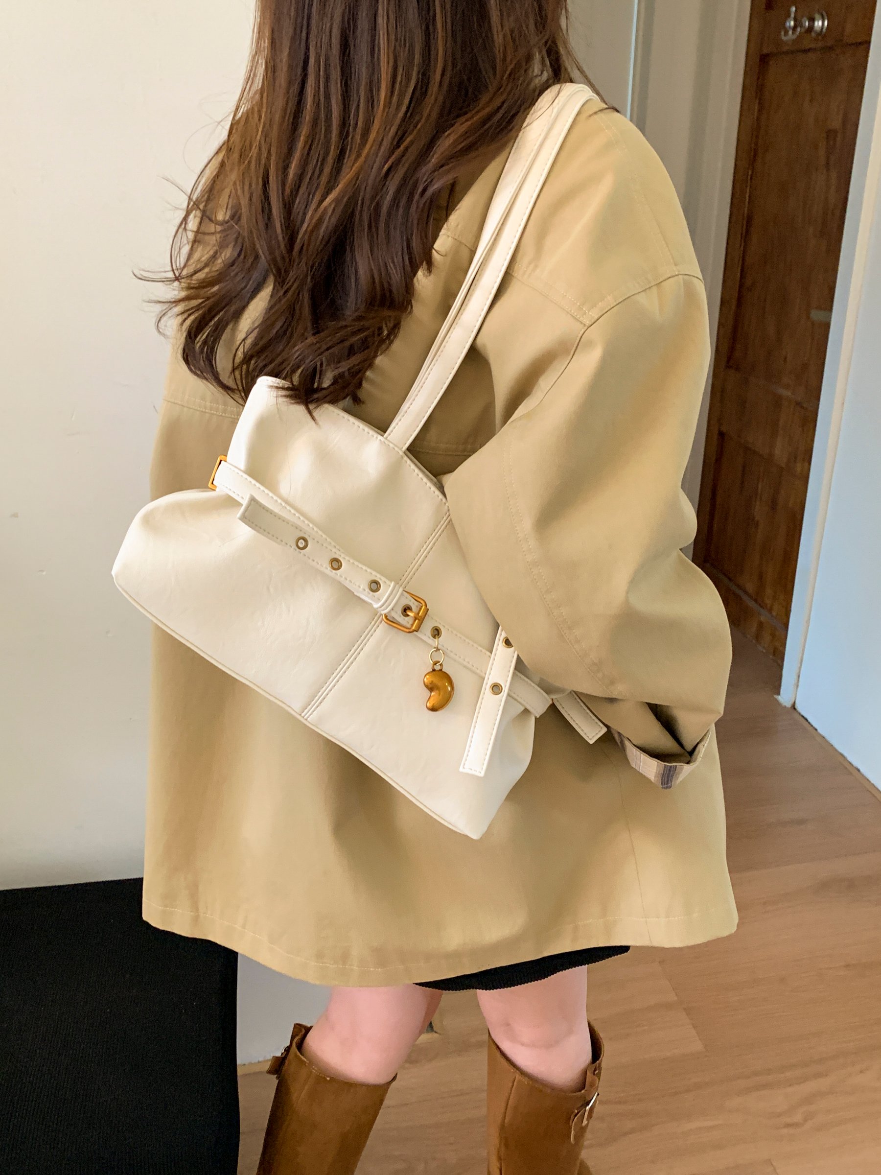 Beige Shoulder Bag with Buckle Detail