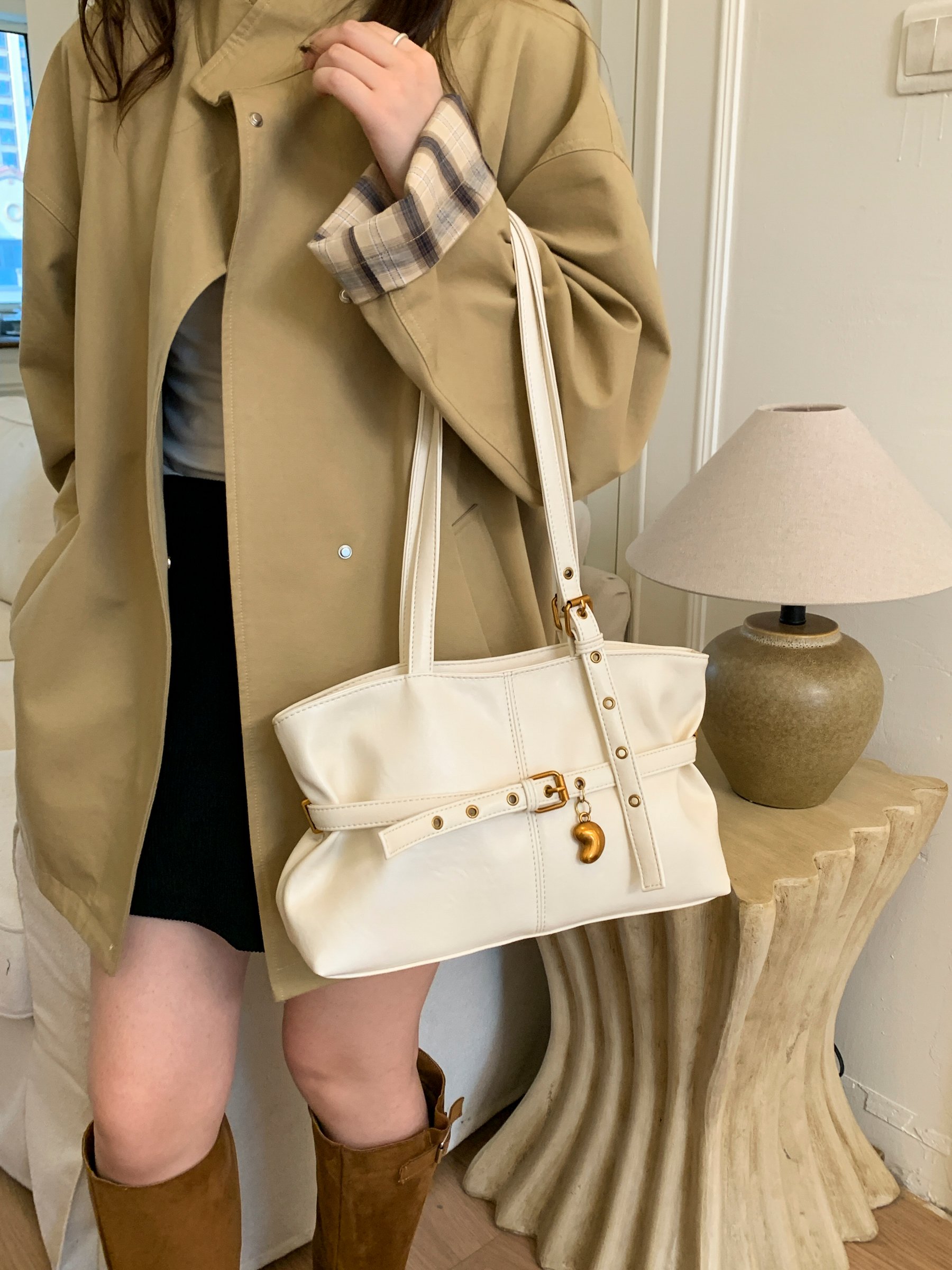 Beige Shoulder Bag with Buckle Detail
