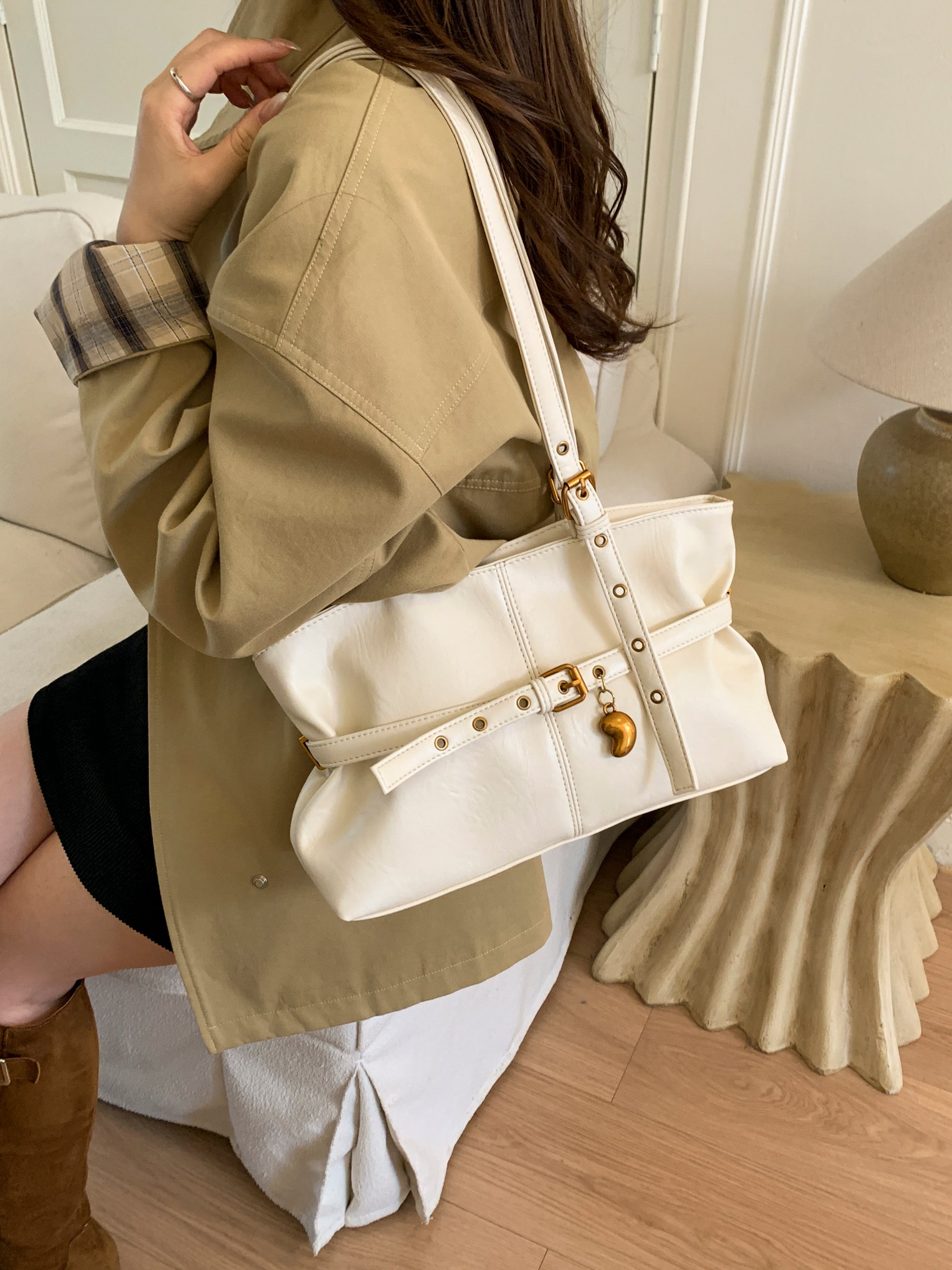 Beige Shoulder Bag with Buckle Detail