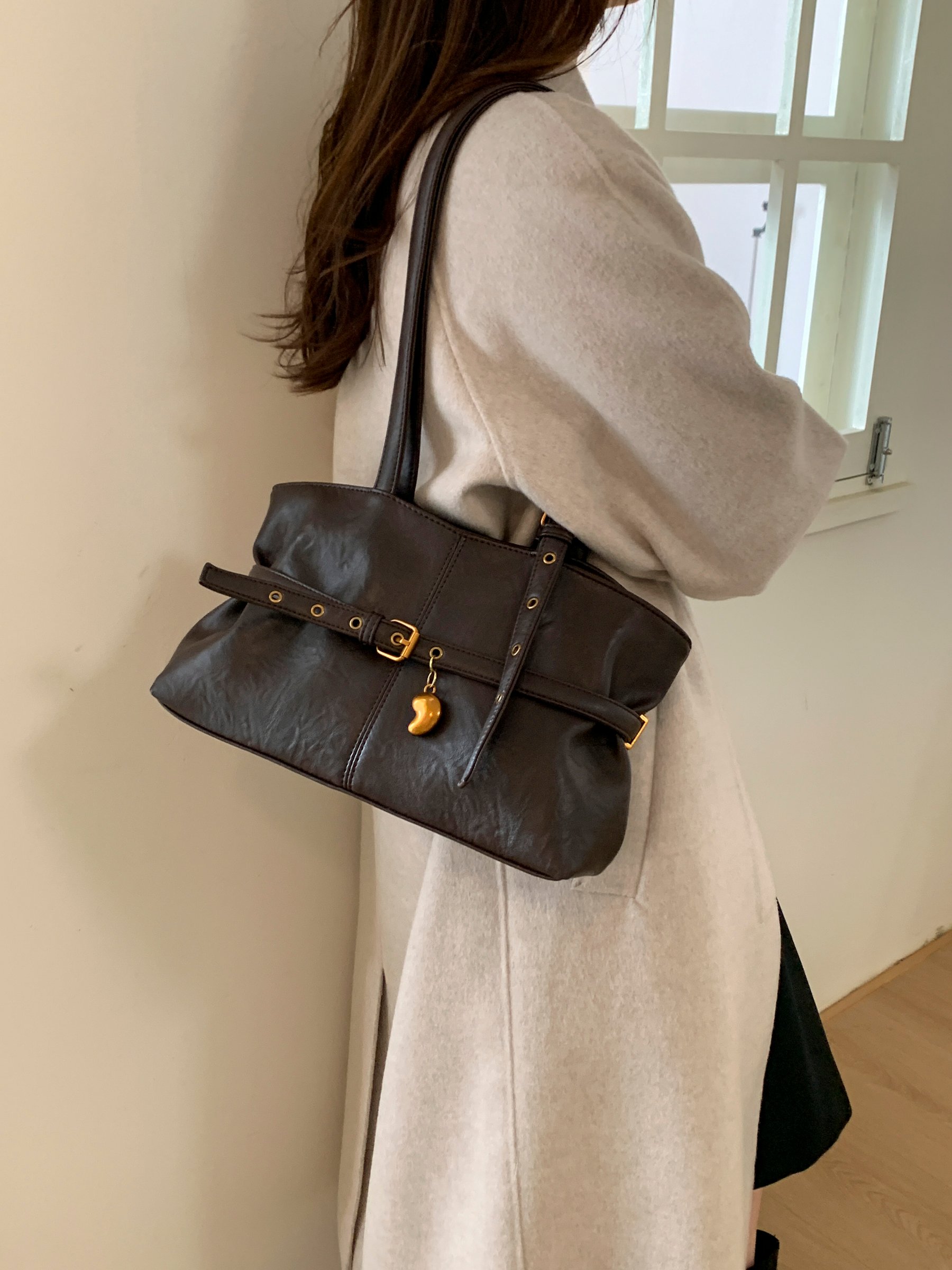 Coffee Brown Shoulder Bag with Buckle Detail