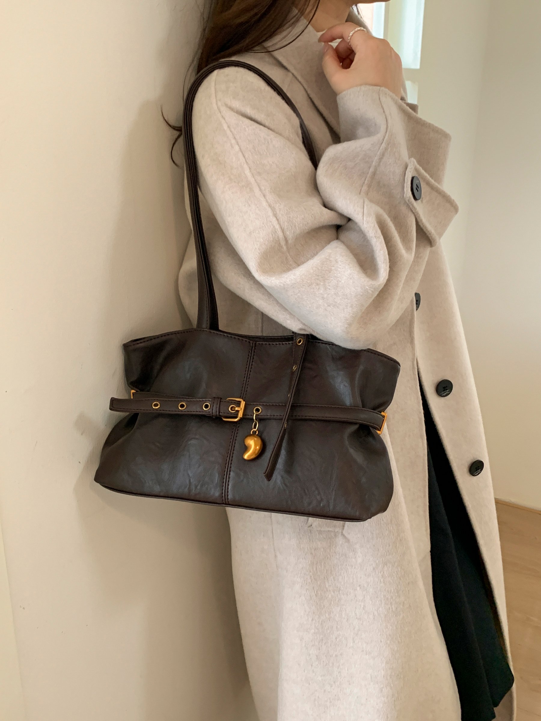 Coffee Brown Shoulder Bag with Buckle Detail