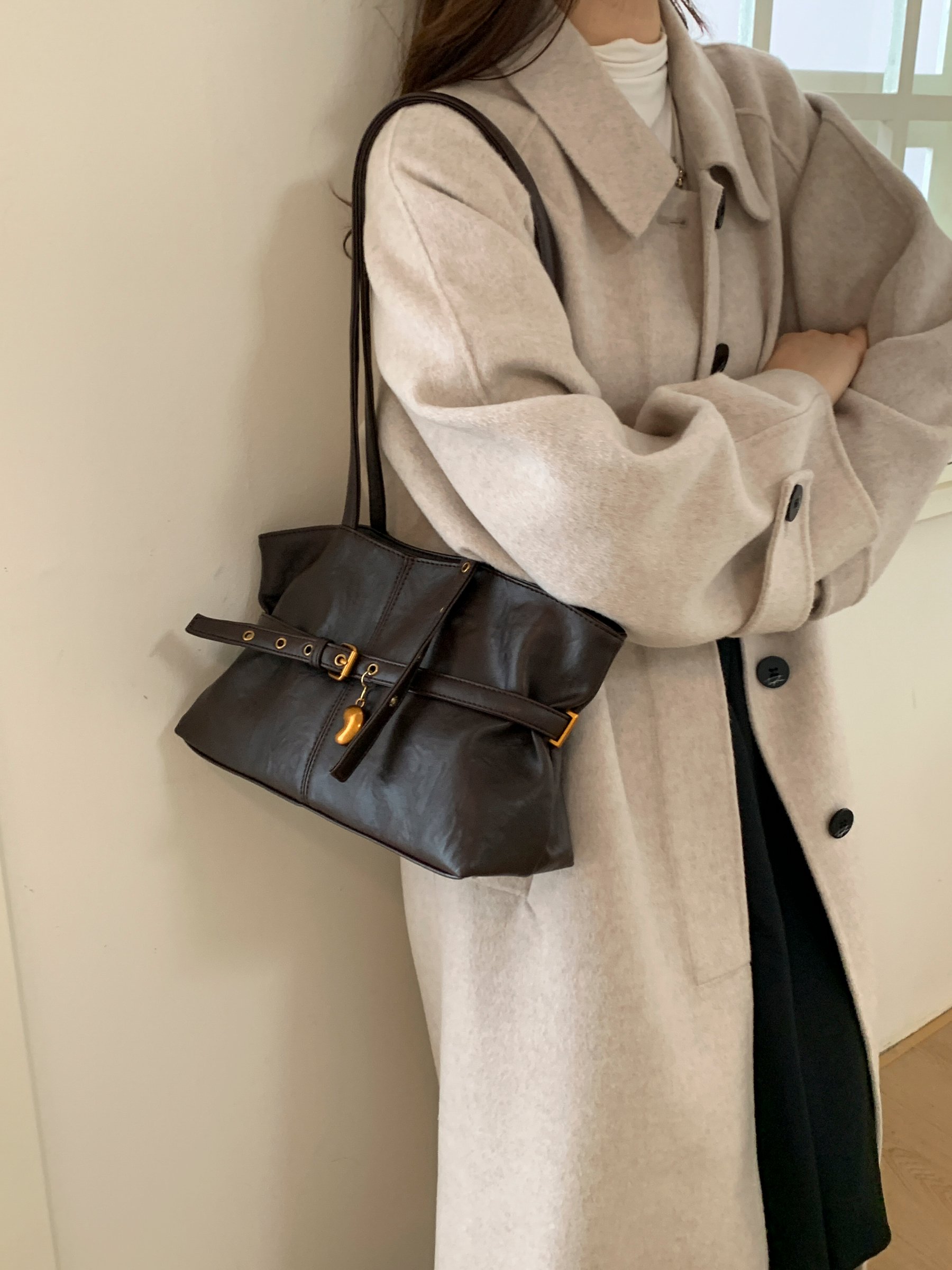 Coffee Brown Shoulder Bag with Buckle Detail