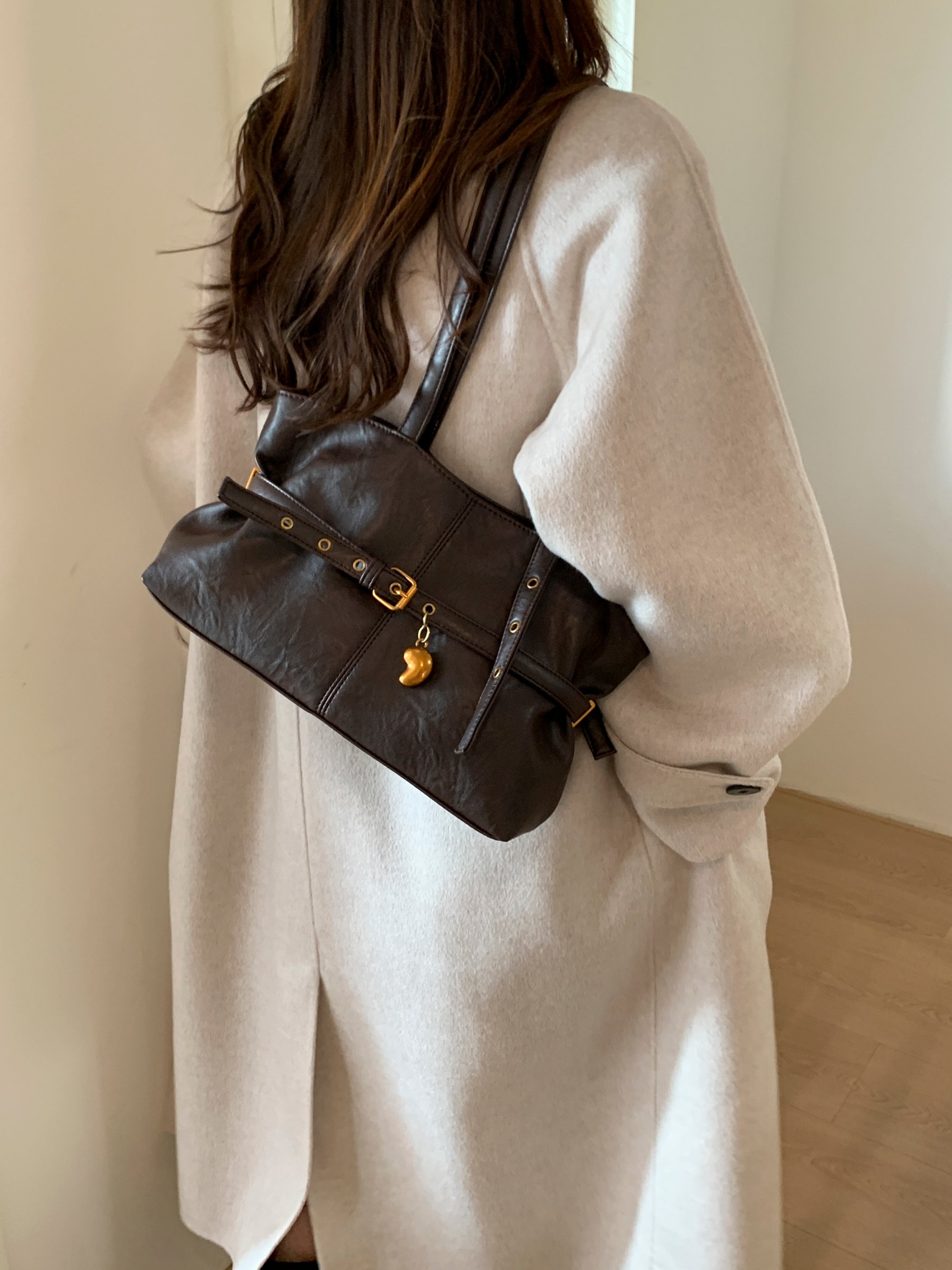 Coffee Brown Shoulder Bag with Buckle Detail