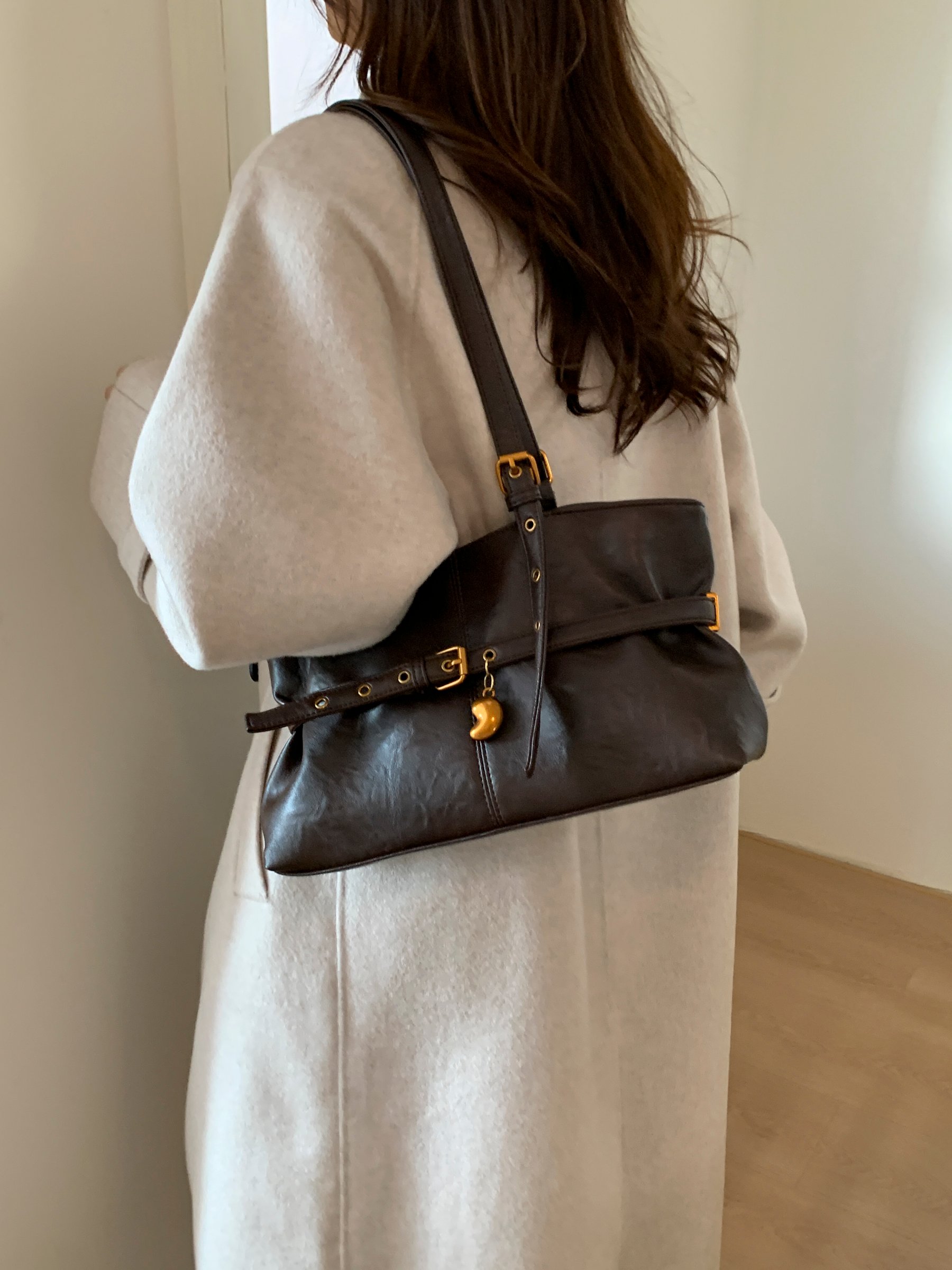 Coffee Brown Shoulder Bag with Buckle Detail