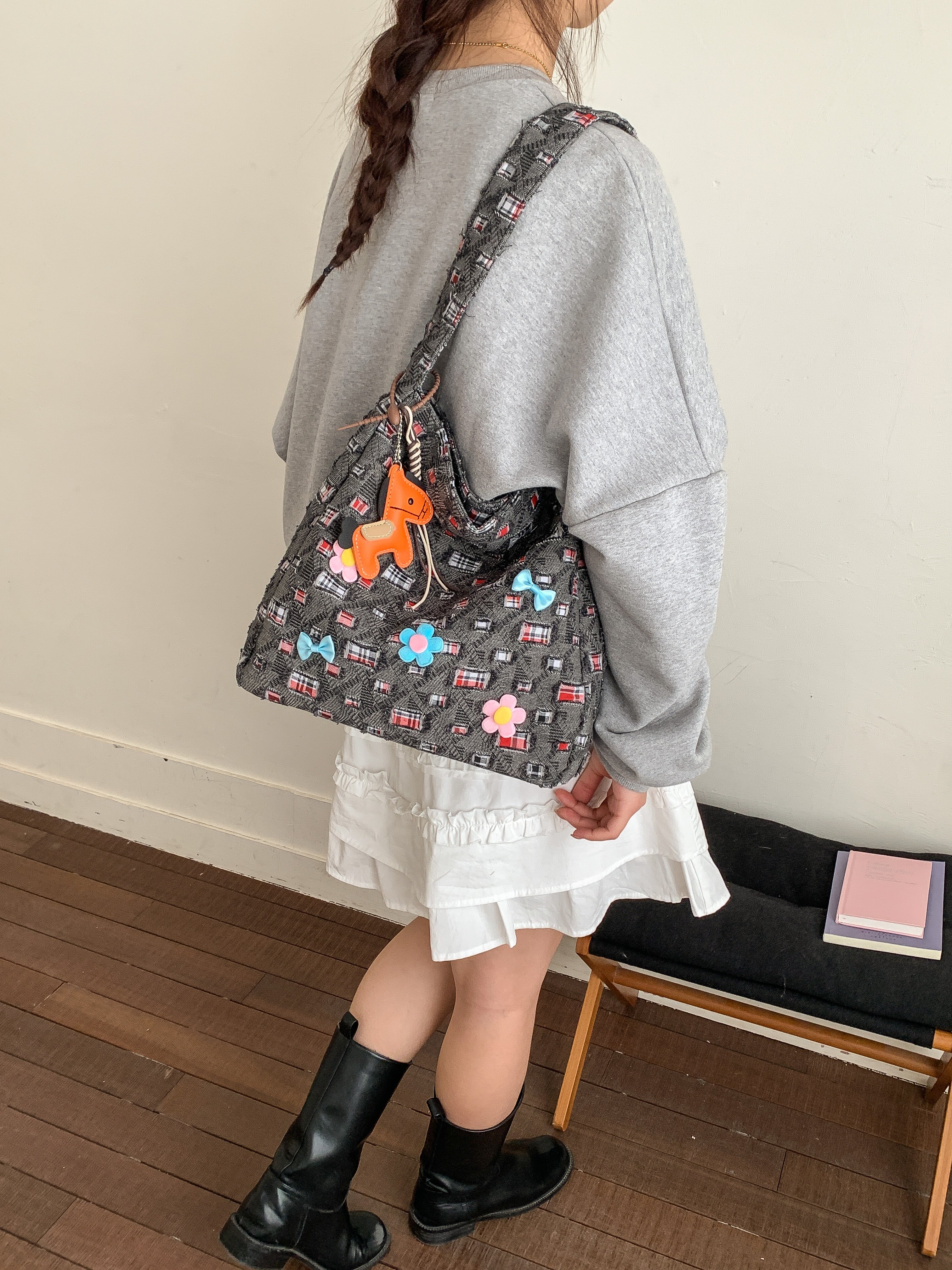 Black Plaid Shoulder Bag with Playful Charms
