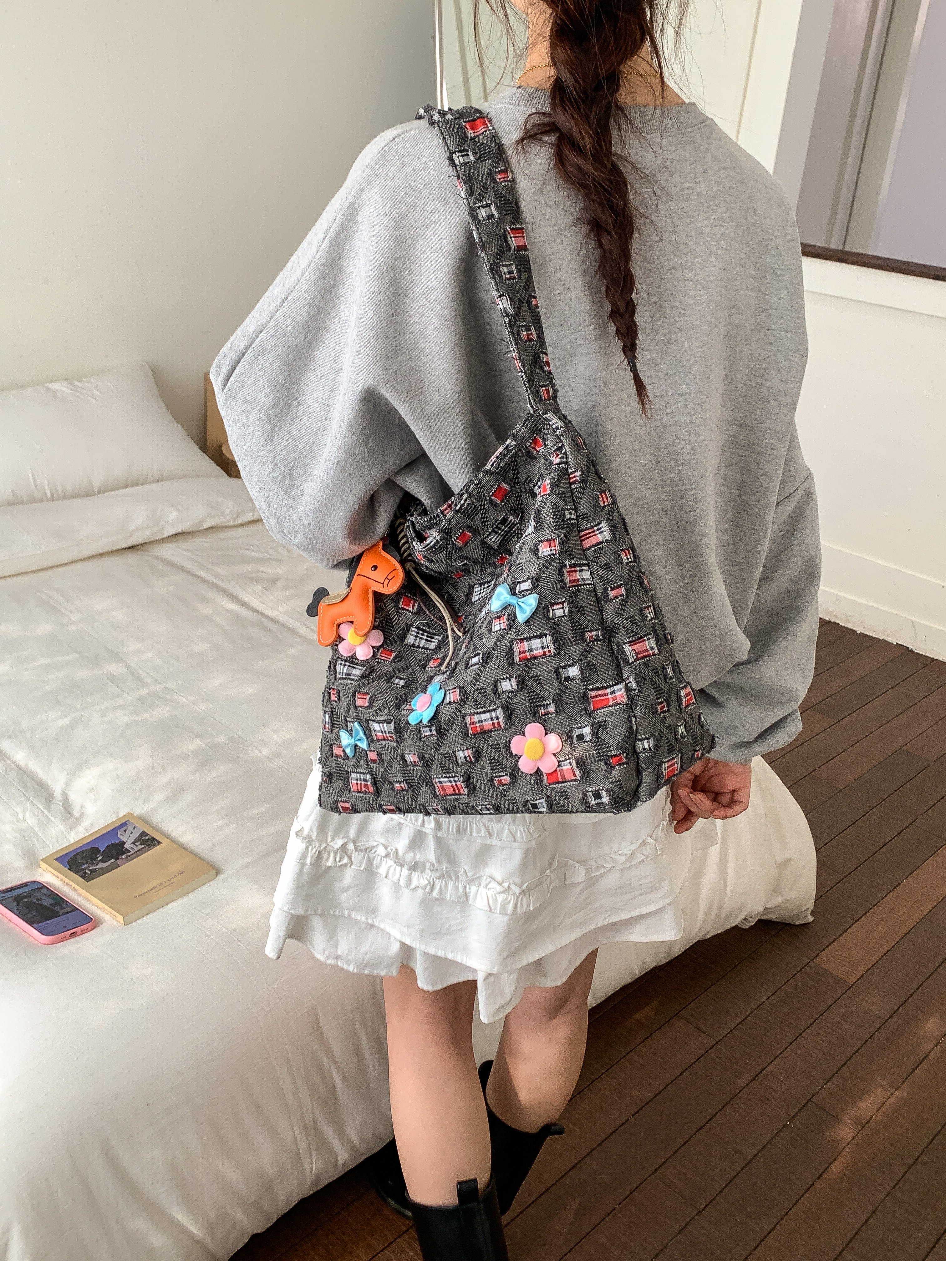 Black Plaid Shoulder Bag with Playful Charms