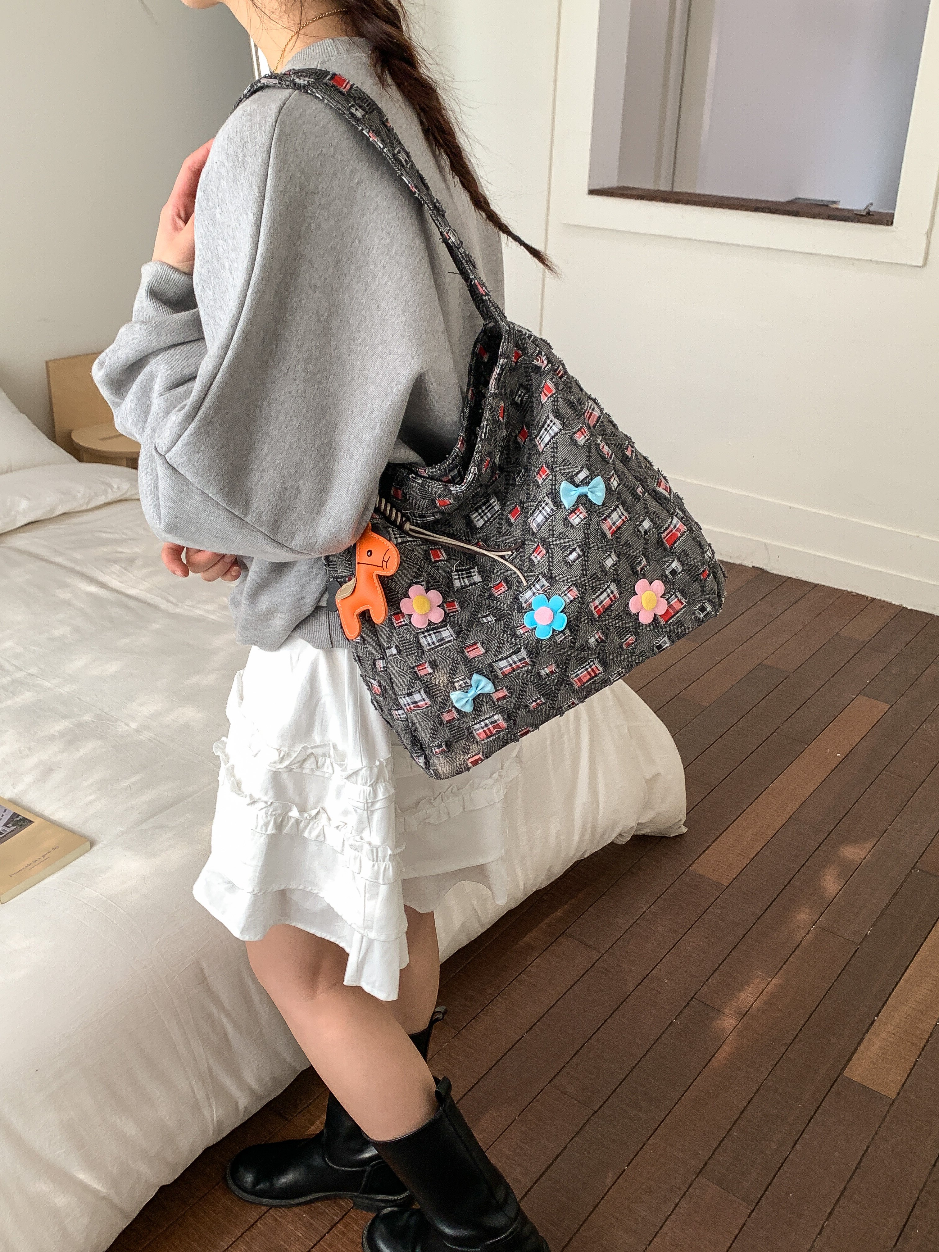Black Plaid Shoulder Bag with Playful Charms