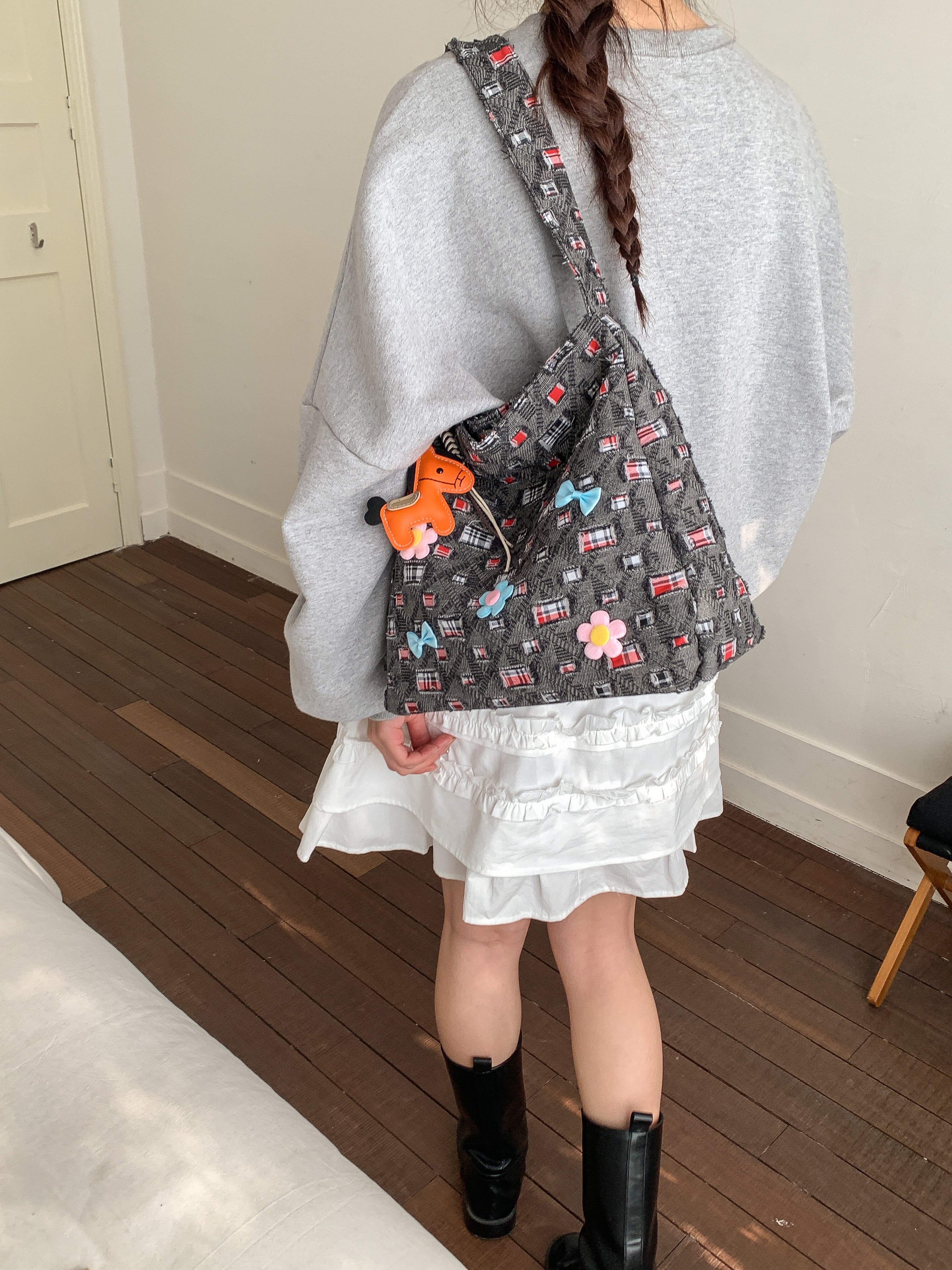 Black Plaid Shoulder Bag with Playful Charms