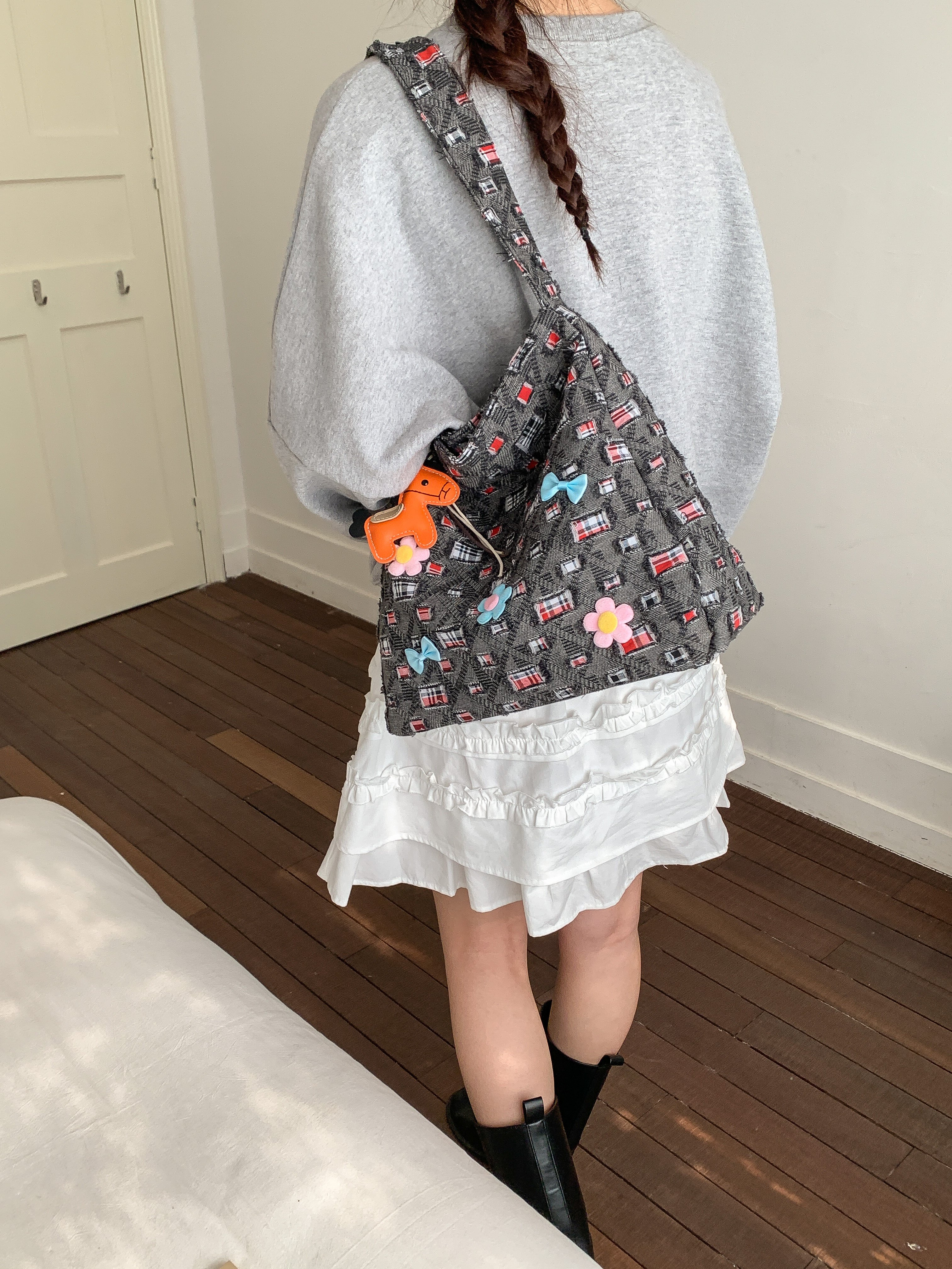 Black Plaid Shoulder Bag with Playful Charms