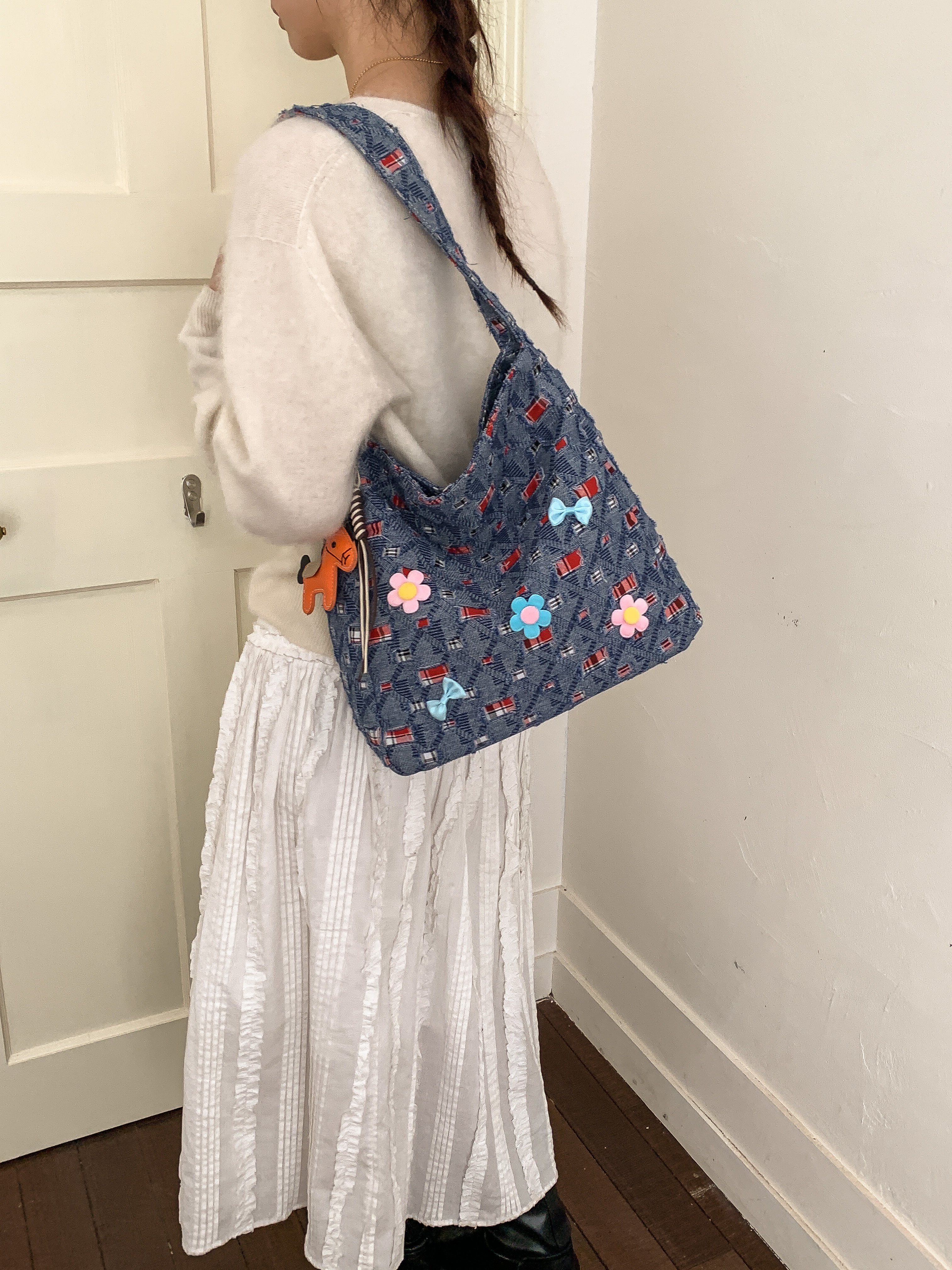 Blue Denim Embellished Shoulder Bag