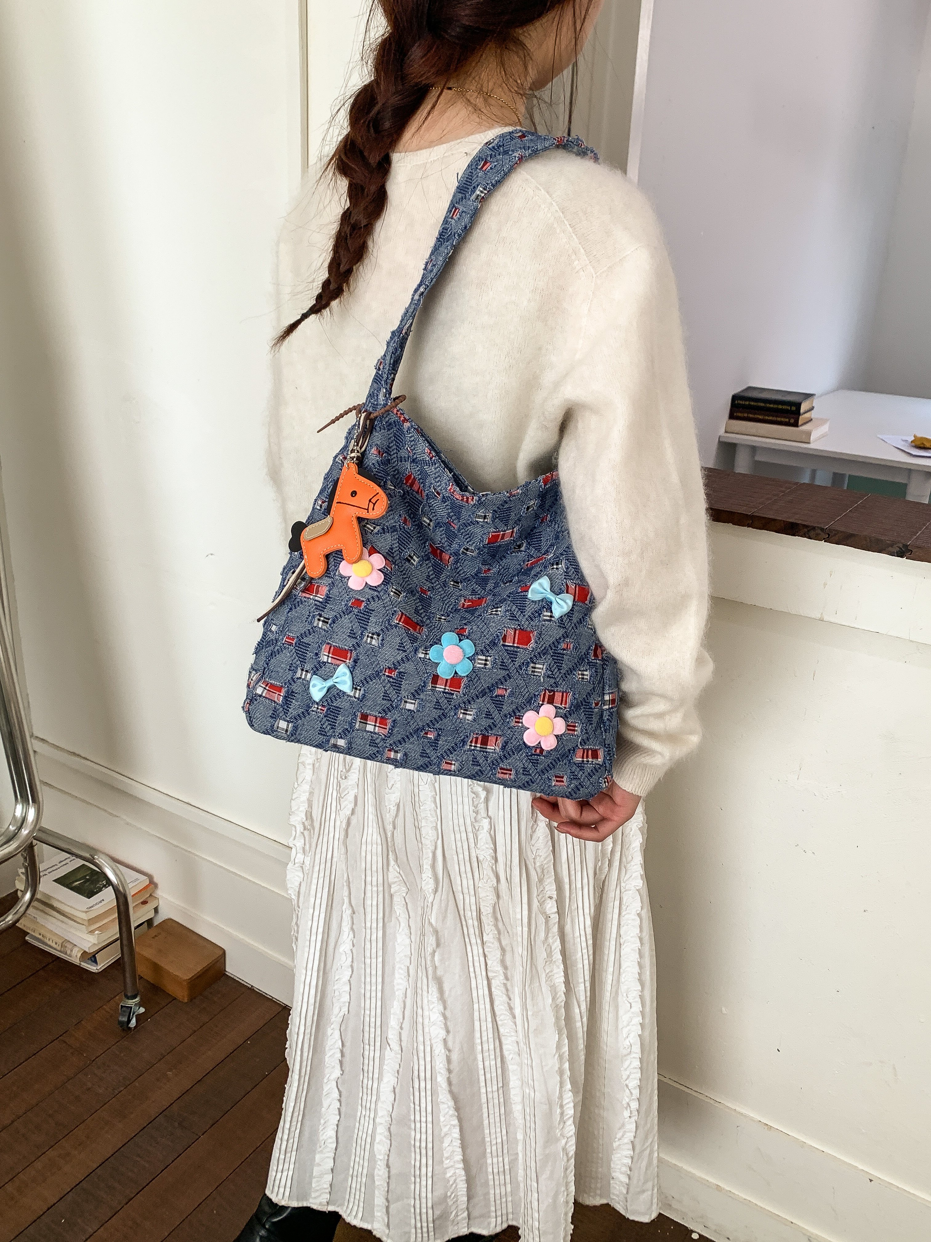 Blue Denim Embellished Shoulder Bag