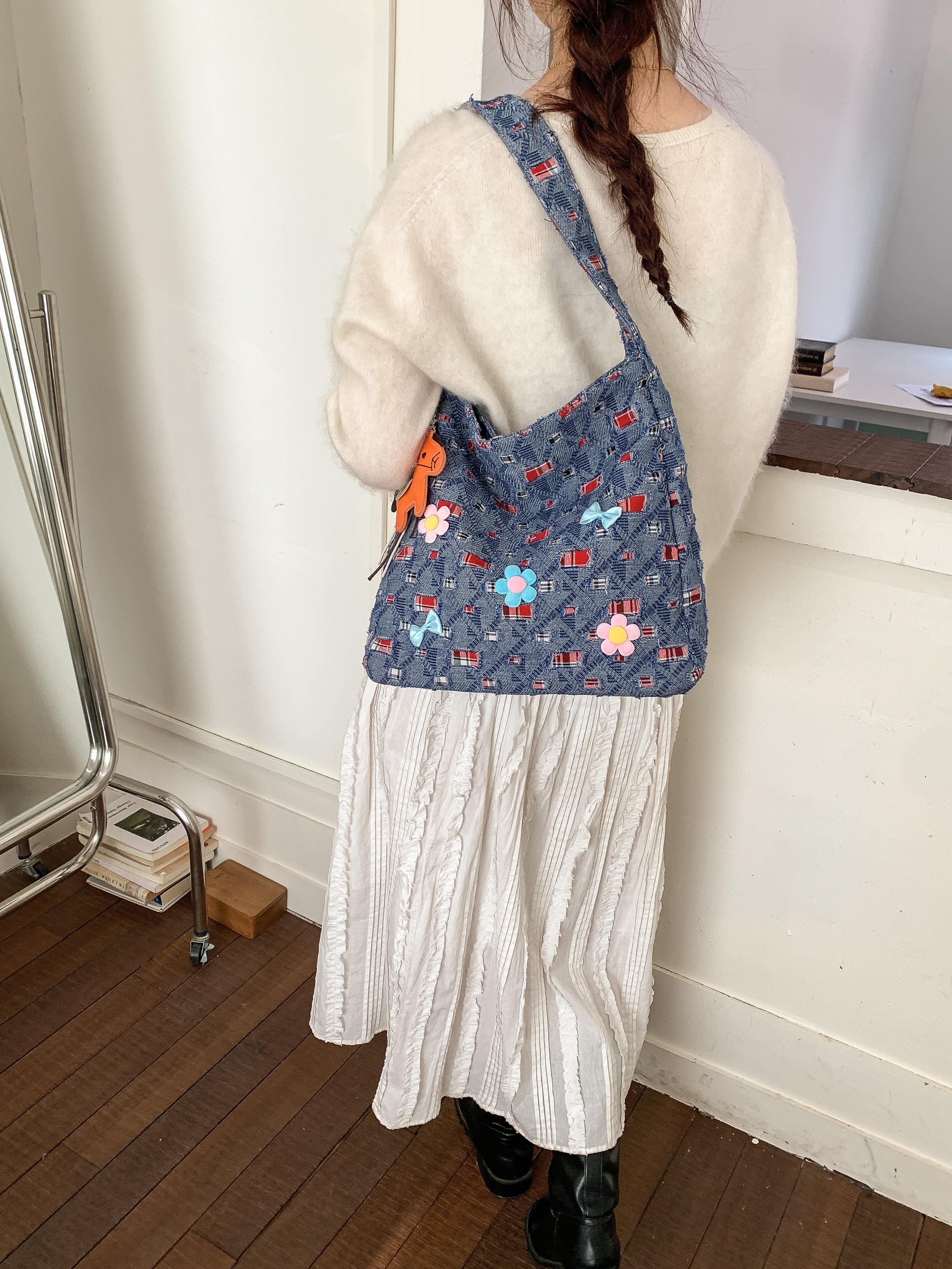 Blue Denim Embellished Shoulder Bag