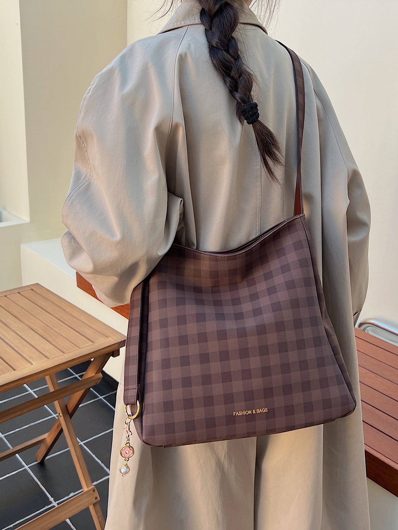 Coffee Brown Plaid Shoulder Bag