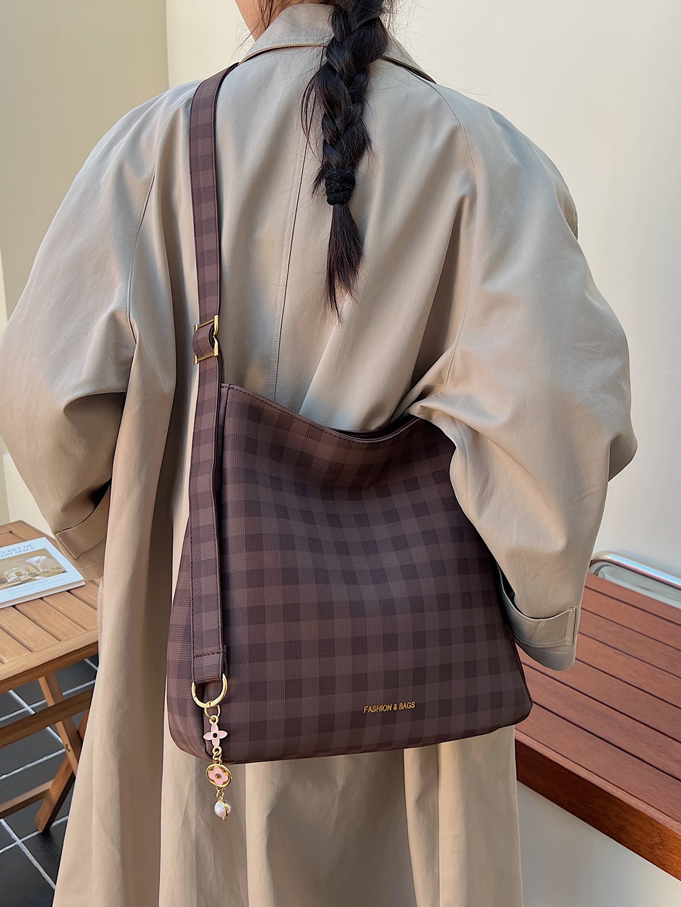 Coffee Brown Plaid Shoulder Bag