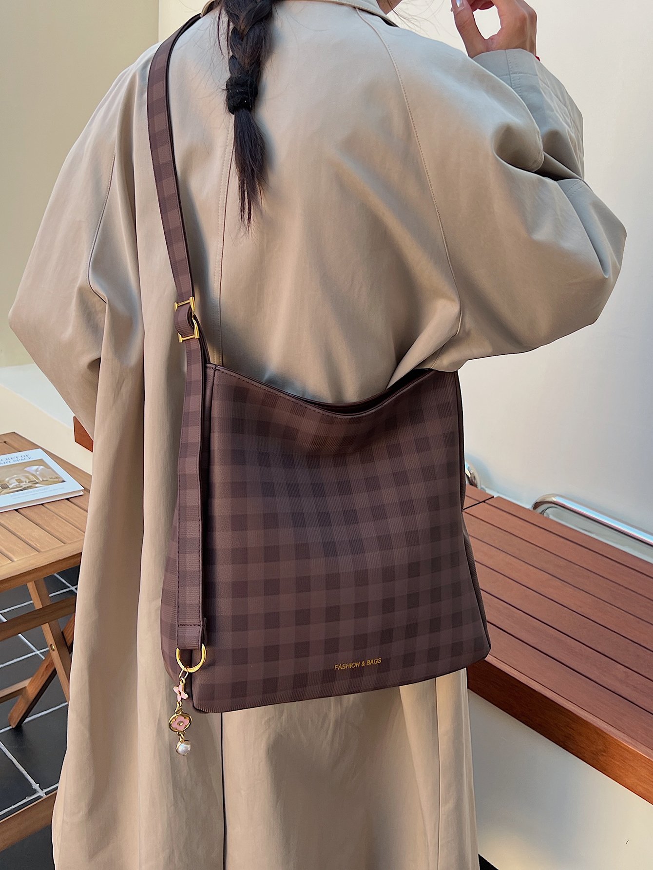 Coffee Brown Plaid Shoulder Bag