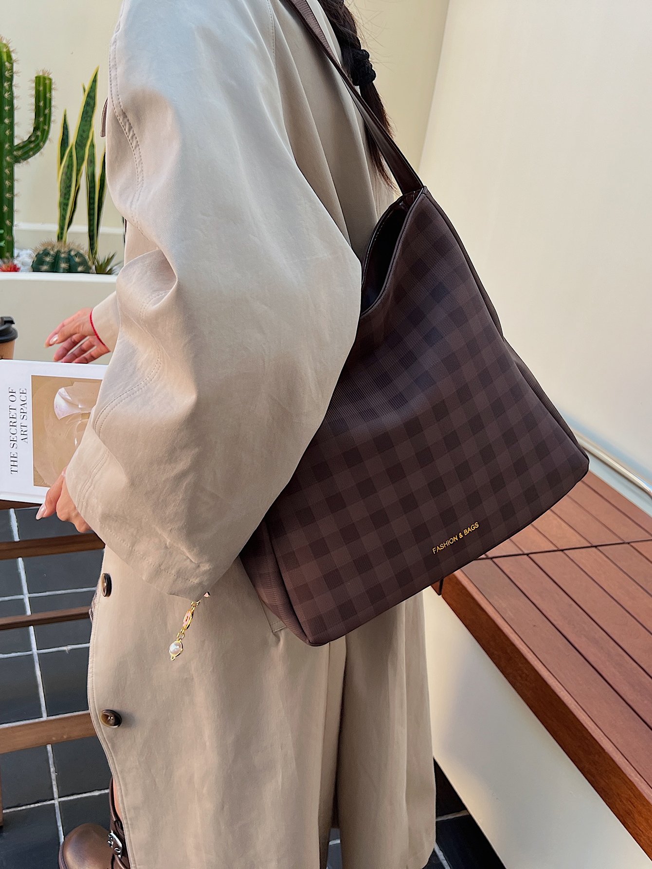 Coffee Brown Plaid Shoulder Bag