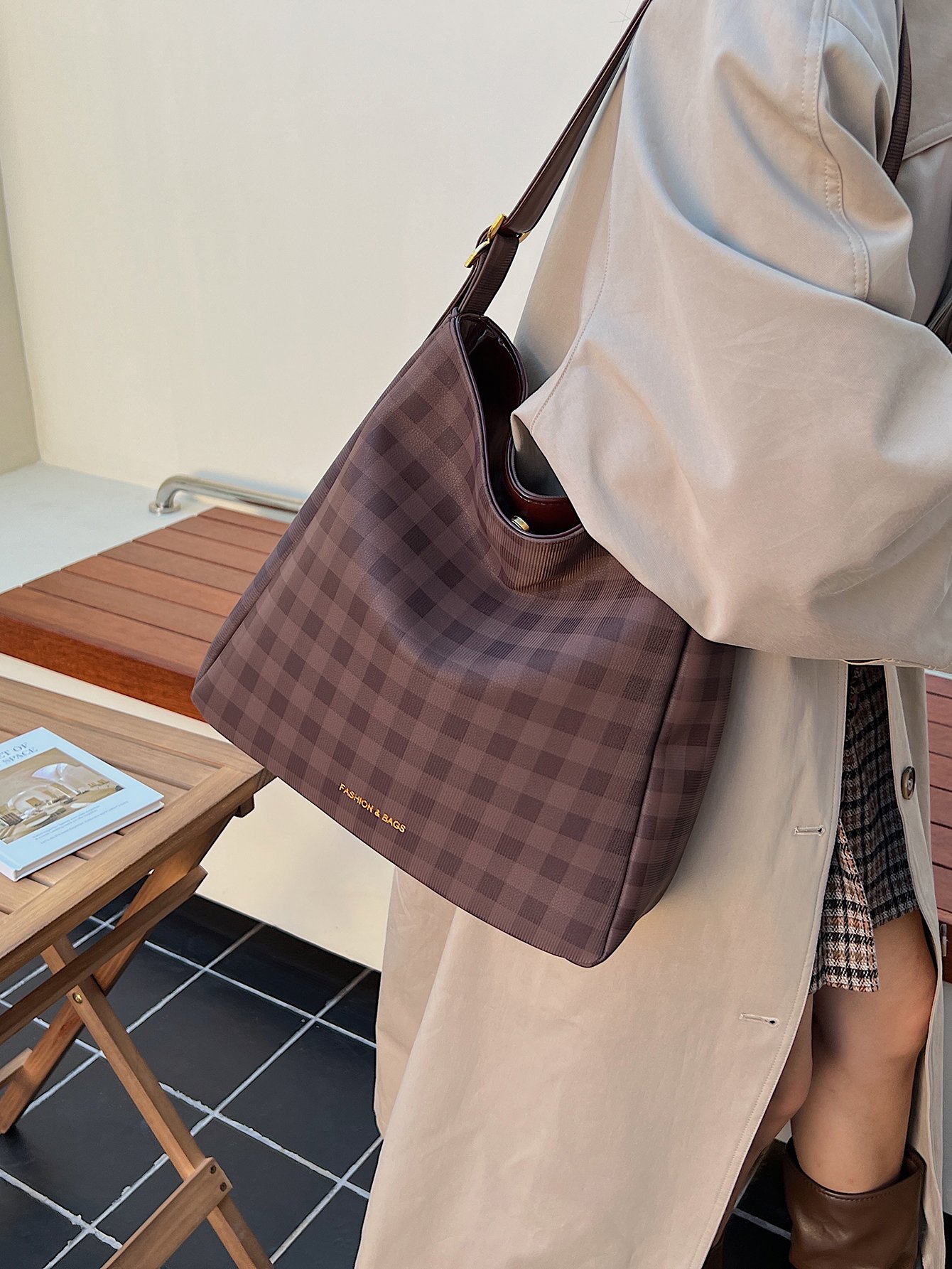 Coffee Brown Plaid Shoulder Bag