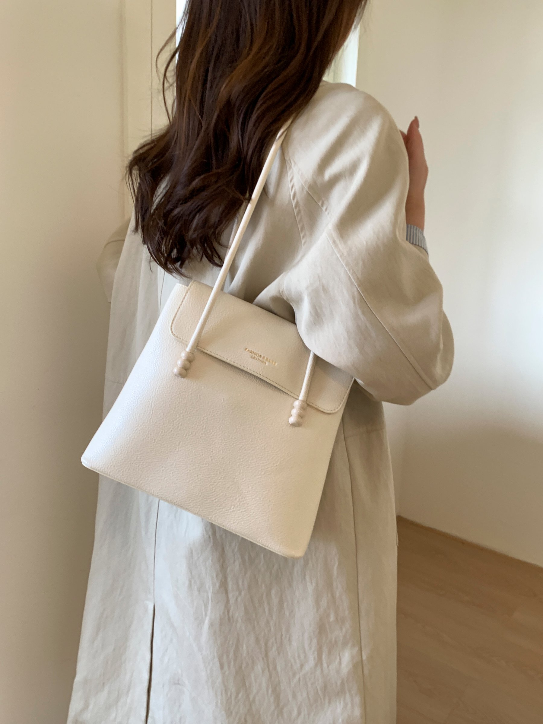 Beige Shoulder Bag with Beaded Strap Detail