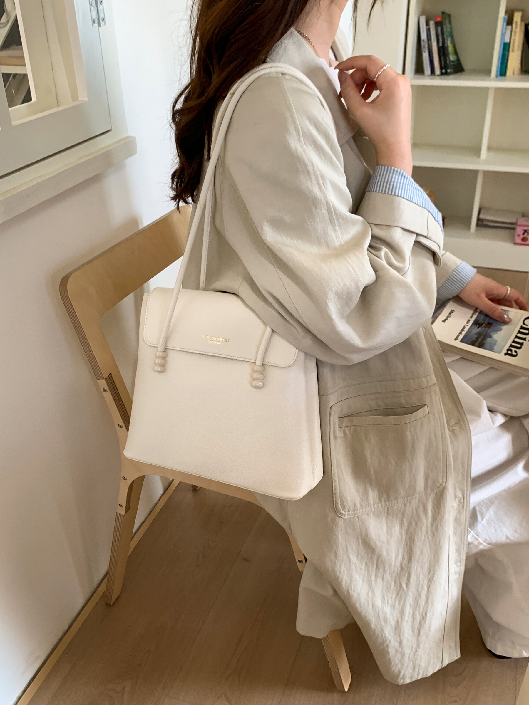 Beige Shoulder Bag with Beaded Strap Detail
