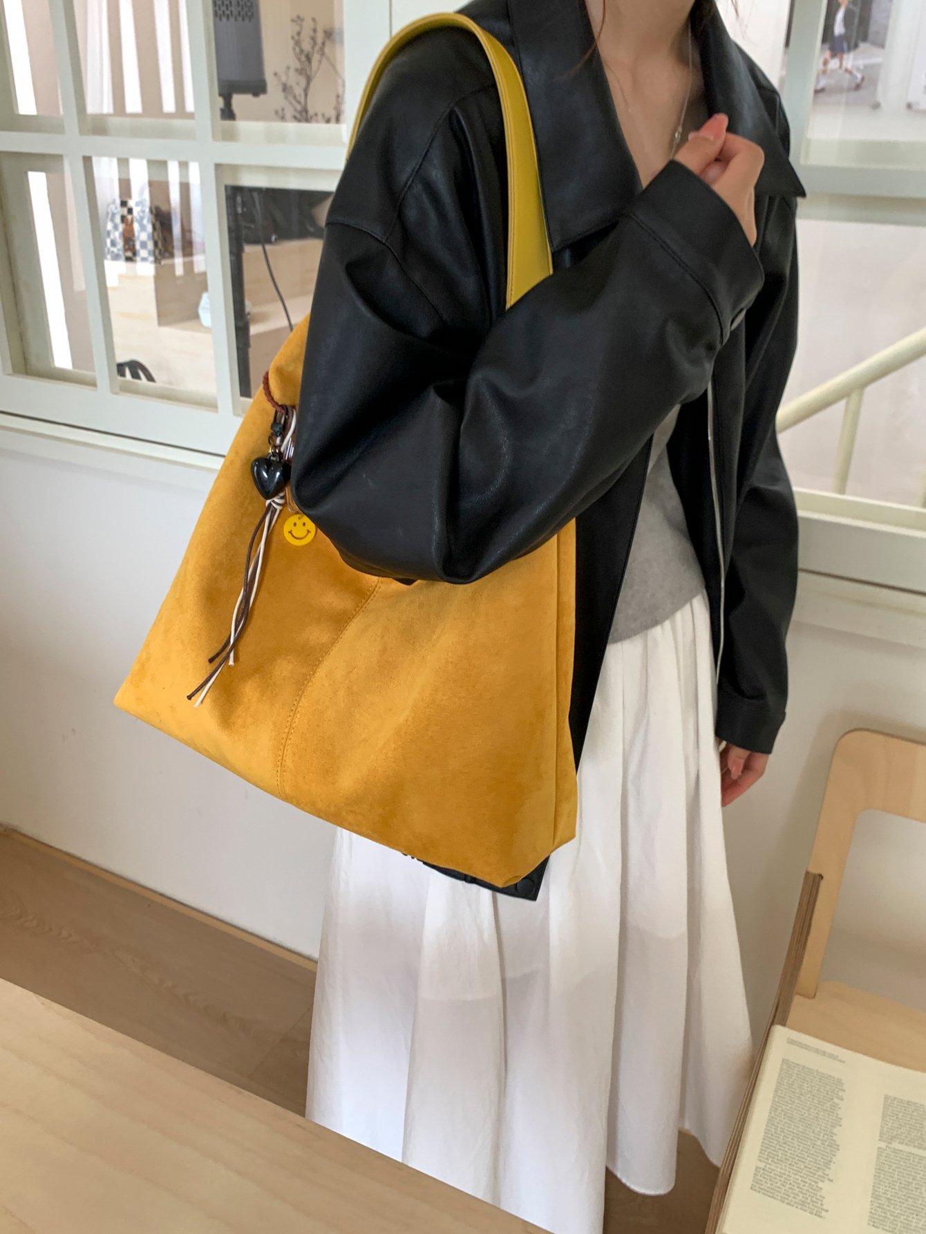 Yellow Suede Shoulder Bag with Charm