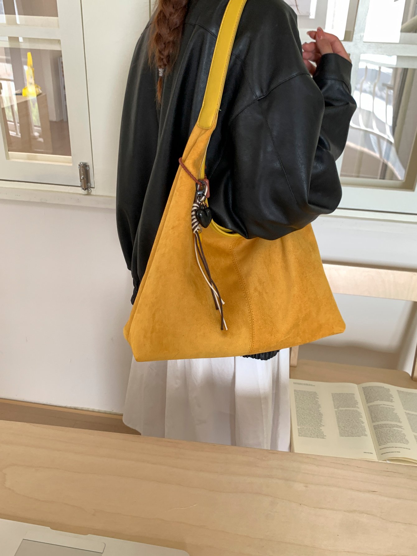 Yellow Suede Shoulder Bag with Charm