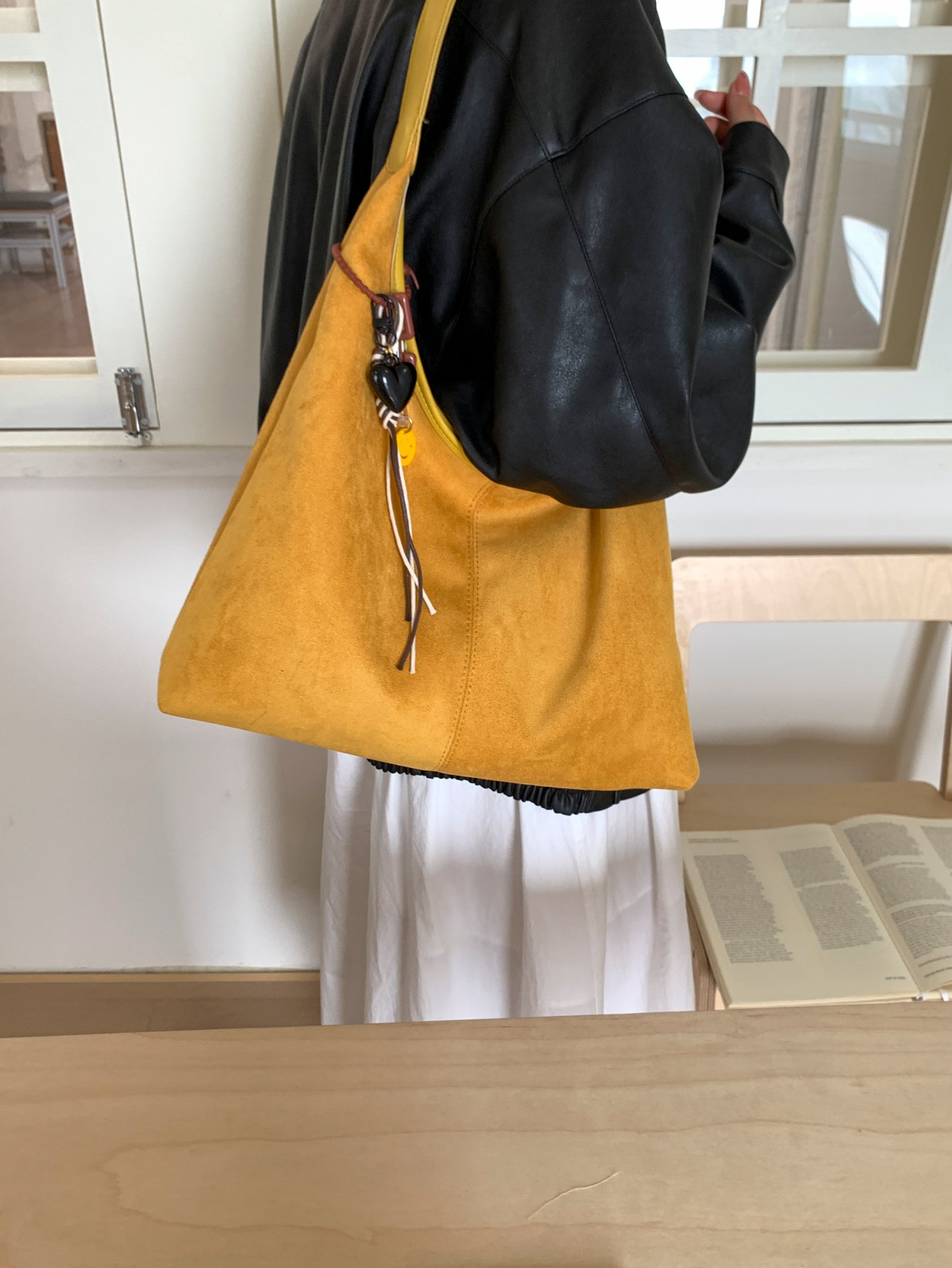 Yellow Suede Shoulder Bag with Charm