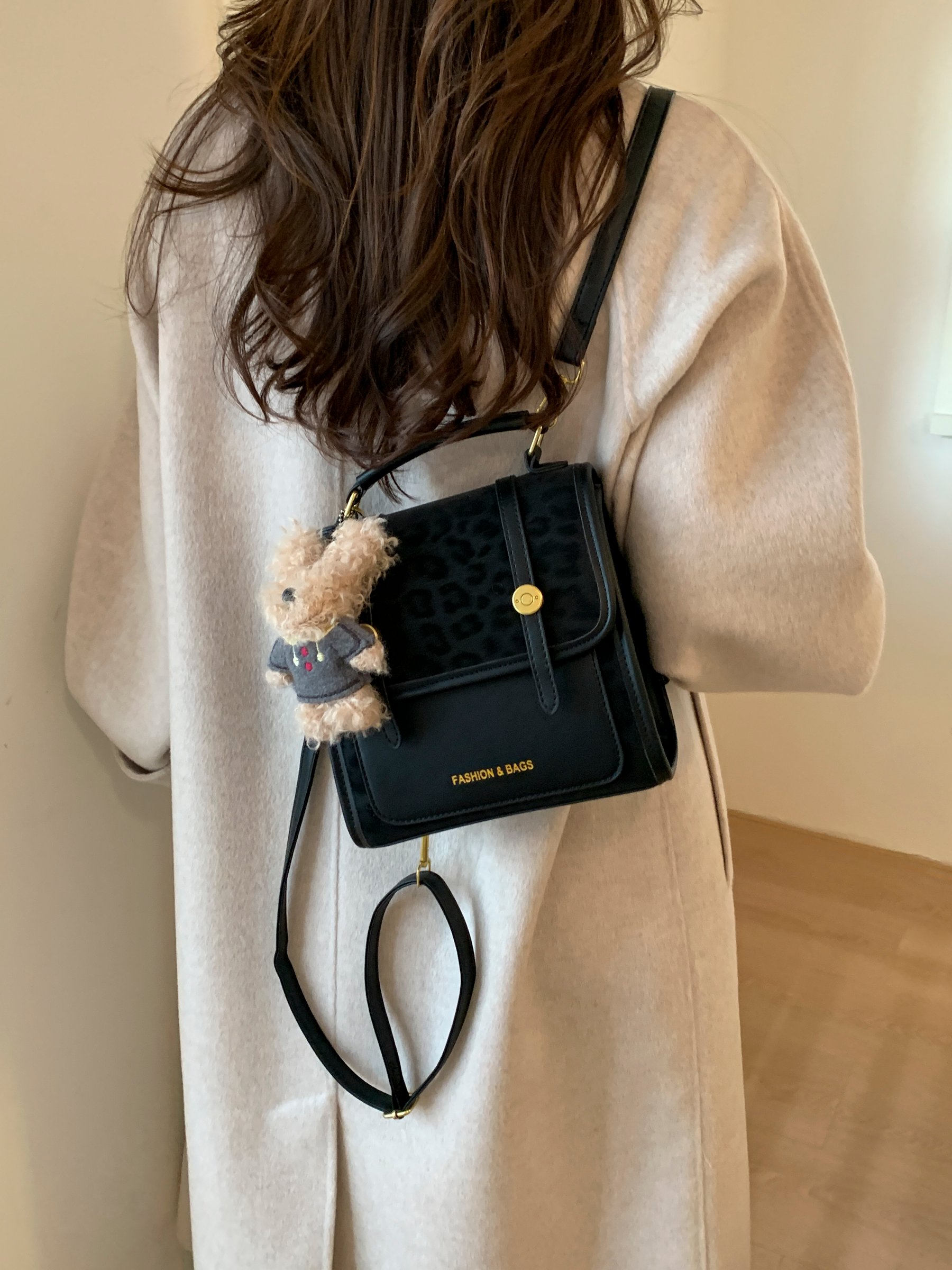 Black Shoulder Bag with Leopard Print Accent