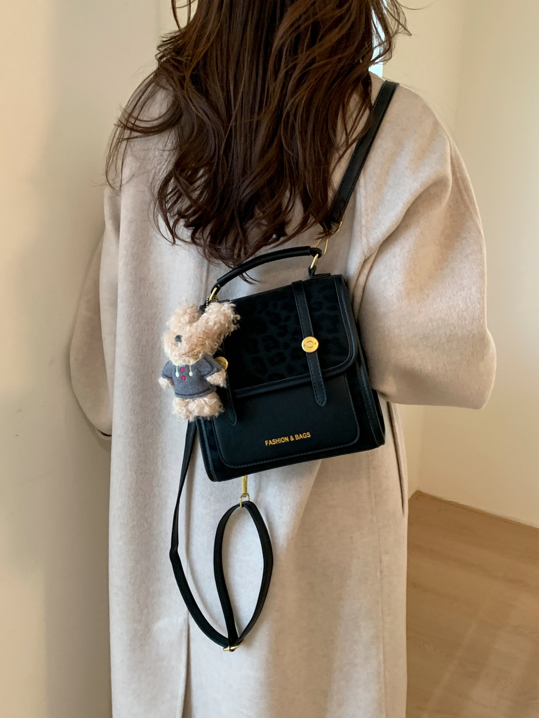 Black Shoulder Bag with Leopard Print Accent