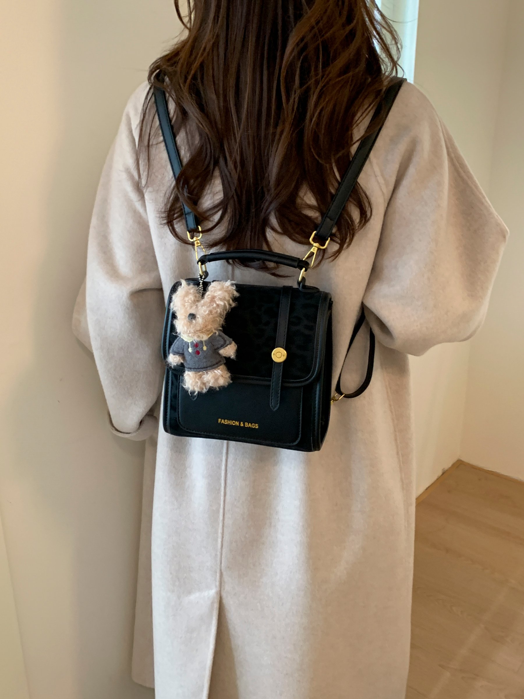 Black Shoulder Bag with Leopard Print Accent