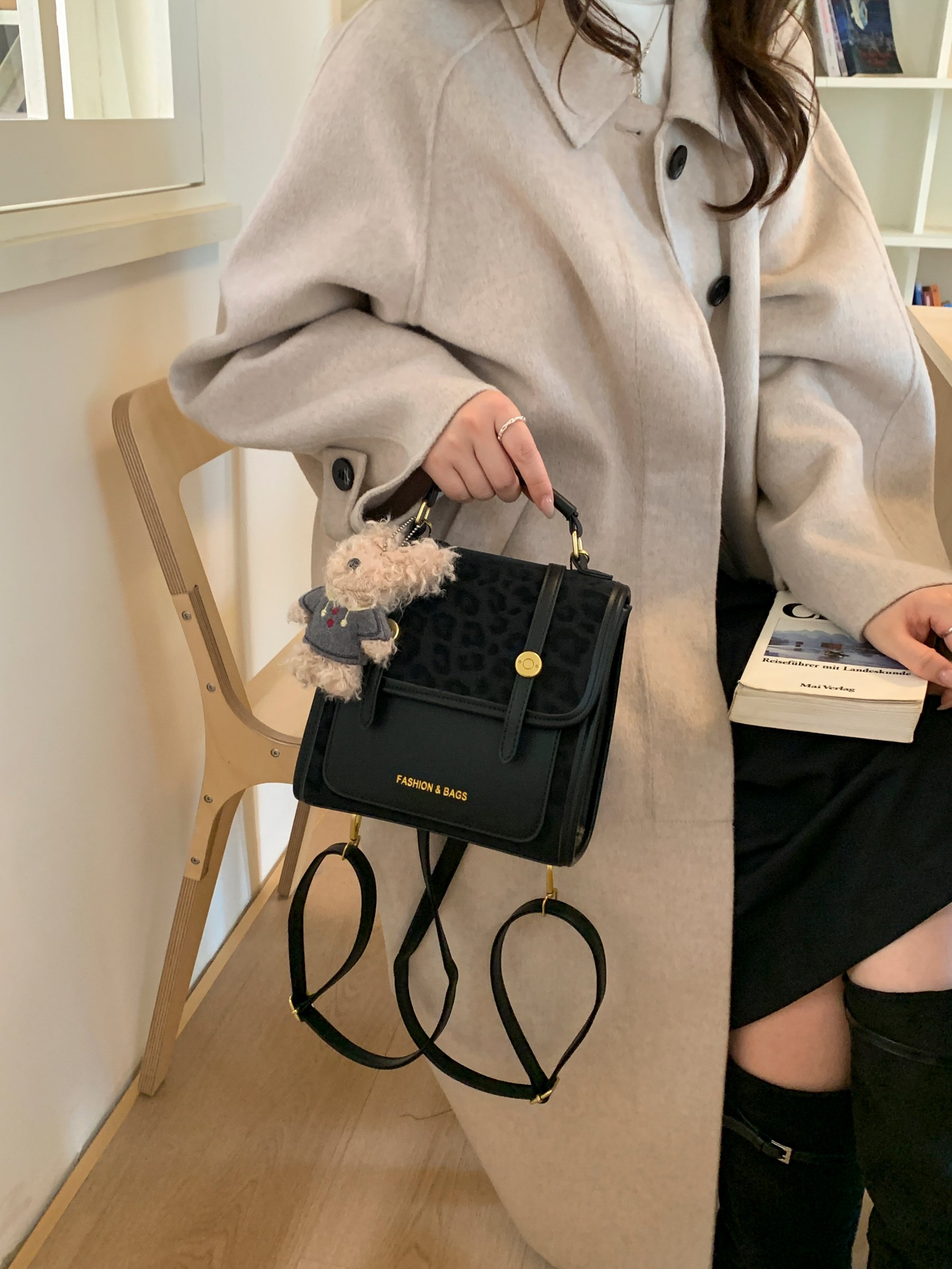 Black Shoulder Bag with Leopard Print Accent