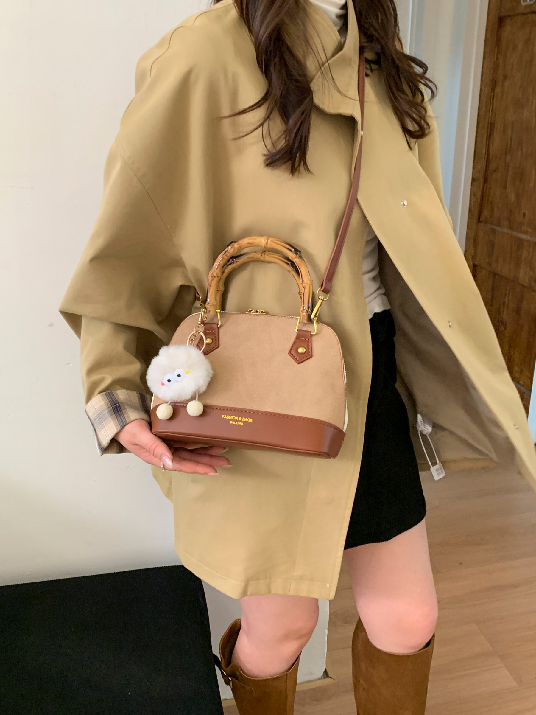 Brown Crossbody Bag with Bamboo Handle
